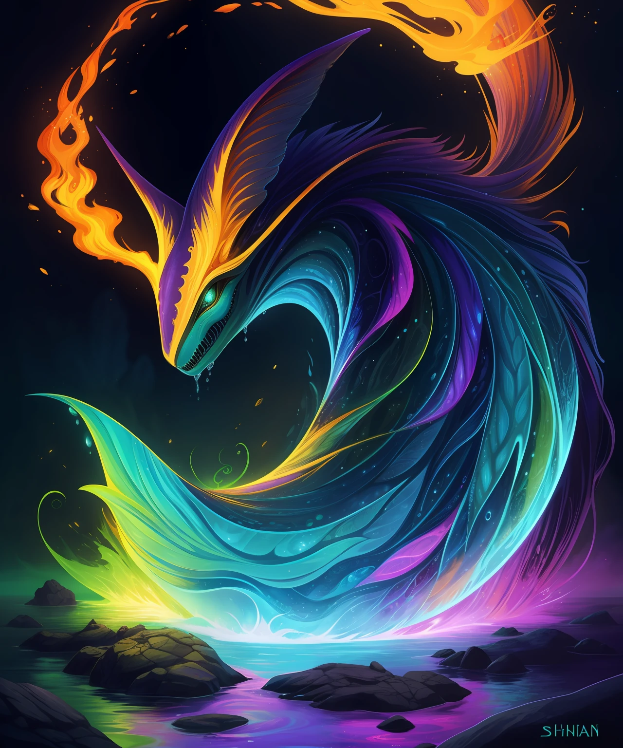 Alien, dog, fox, water-made ears, fire-made tail, intricate detailing, vibrant colors, unique patterns, textures, iridescent hues, deep blues, radiant purples, shimmering greens, fantastical creature, otherworldly beauty, extraterrestrial elements, familiar features.