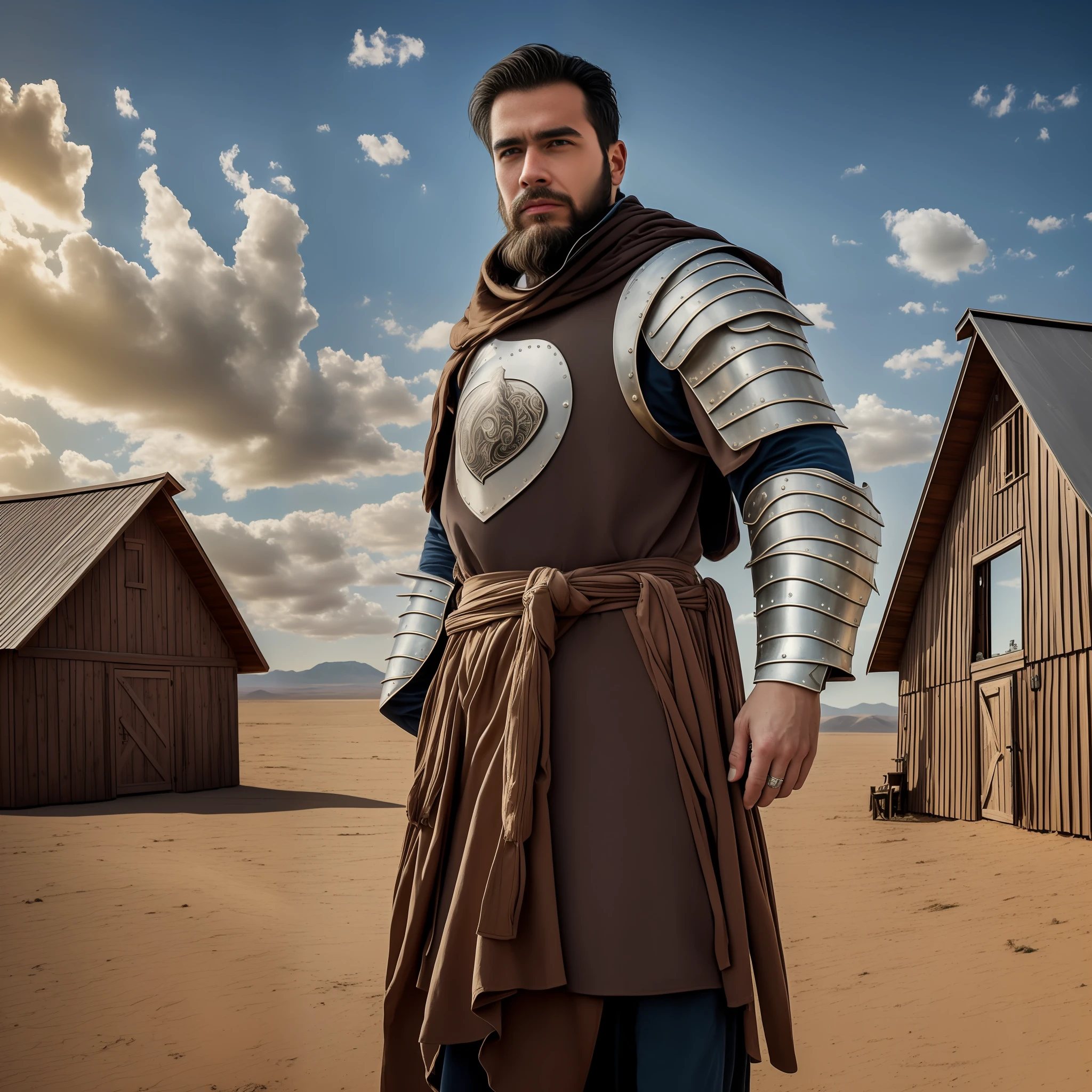 ((photography, photorealism)), ((masterpiece)), ((realistic)), 21-year-old man, white skin, short black hair, medium black beard, thick black eyebrows, Brazilian, serious expression, large scar on his neck, wearing a broken medieval armor, black color. He is standing in a flat desert during the day, with the sun at the highest point. In the background, there is an average two-story house and two medium barns, all made of wood. The photograph captures every detail of the body, facial expression and landscape, creating a realistic and impressive masterpiece.