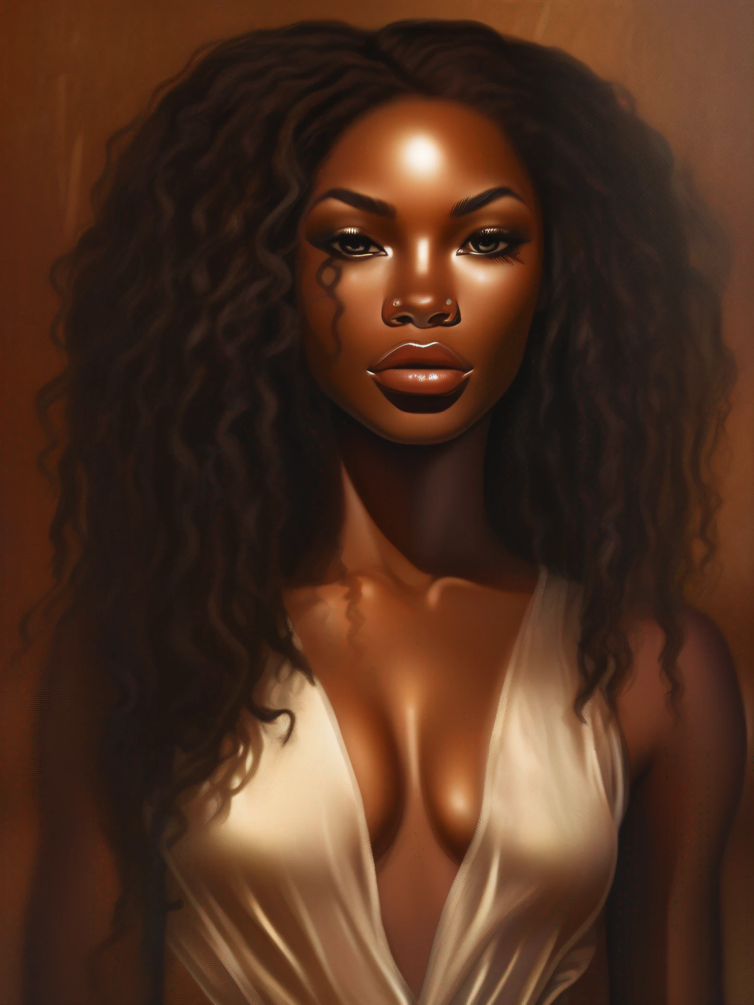 "Description: A beautiful black woman with a well-outlined body, long legs and a bust full. Her hair is rebellious and her skin has a radiant amber hue. Her face is delicate but with strong features, standing out for her thick and delicate lips with soft tones. His brown eyes are very clear, with fascinating reflections, accompanied by long eyelashes. His eyes are large and expressive. She is dressed in a revealing white dress and wearing white high-heeled shoes. The scene takes place in a modern, well-lit urban setting with a style similar to that of New York. The image should have a realistic style with vivid colors, using the photographic technique to bring a touch of cinematography. A soft haze creates a mysterious tone all around, further underscoring the woman's vivid expressions."
"type": "photograph",
"art_styles": "realistic, cinematic",
"art_inspirations": "fashion photography, portraits",
"camera": "Leica SL2",
"shot": "medium plane",
"render_related_information": "Use bright, contrasting colors to enhance the woman's beauty and presence. The lighting should be intense, highlighting the details of the face and body. Seek a realistic photography style, accurately capturing the model's traits and expressions. The gentle fog adds a touch of mystery and drama to the scene, accentuating the cinematic atmosphere. Pay attention to the smallest details, such as the texture of the dress and the quality of the ambient lighting. The final image should convey the strength, sensuality and elegance of this woman in a modern urban environment."