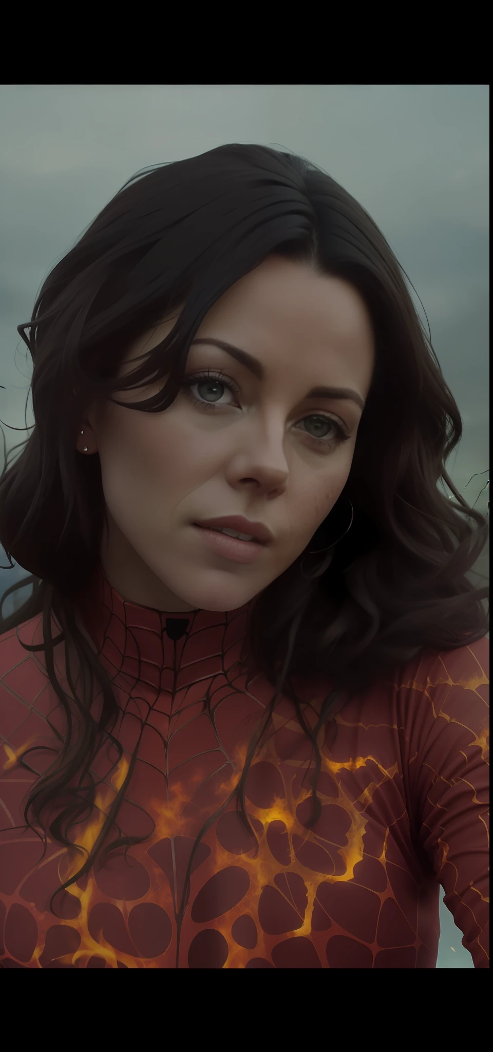 Kate Beckinsale in detailed brown Spider-Man costume, large breasts, superhero pose, standing in ruined city at sunset, hyperdetailed, smoke, sparks, sunbeams, (8k), realistic, symmetrical, award-winning, cinematic lightning, soaked, film, 75mm, scratches, full body shot, close-up, torn and dirty clothes, detailed face,