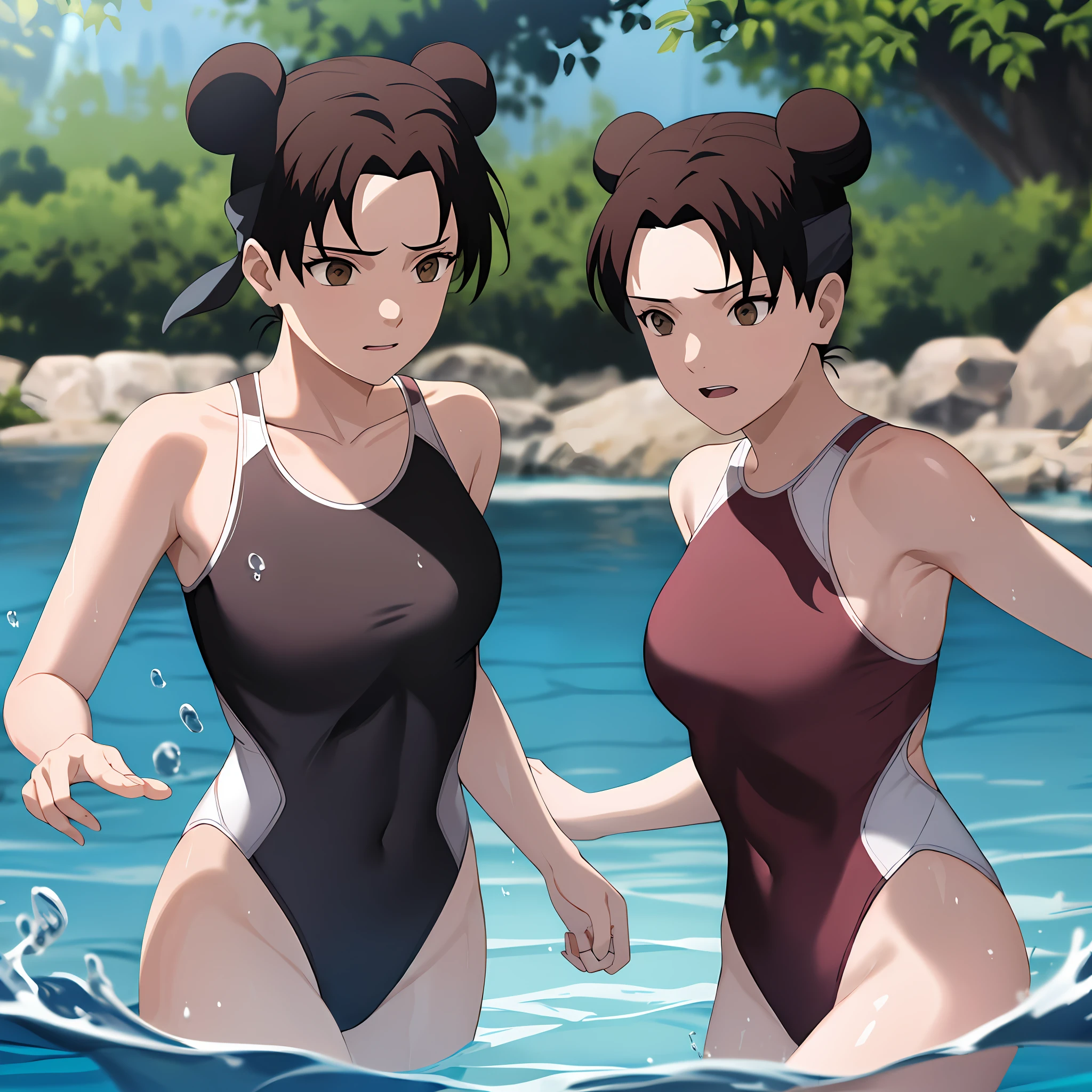 masterpiece, absurdres , (intricate details), (colorful),cinematic lighting,bust shot,extremely detailed CG unity 8k wallpaper,tenten\(shippuden\), 3girls, trio, sisters, one-piece swimsuit,halterneck, poolside, sunlight, water, splashing,