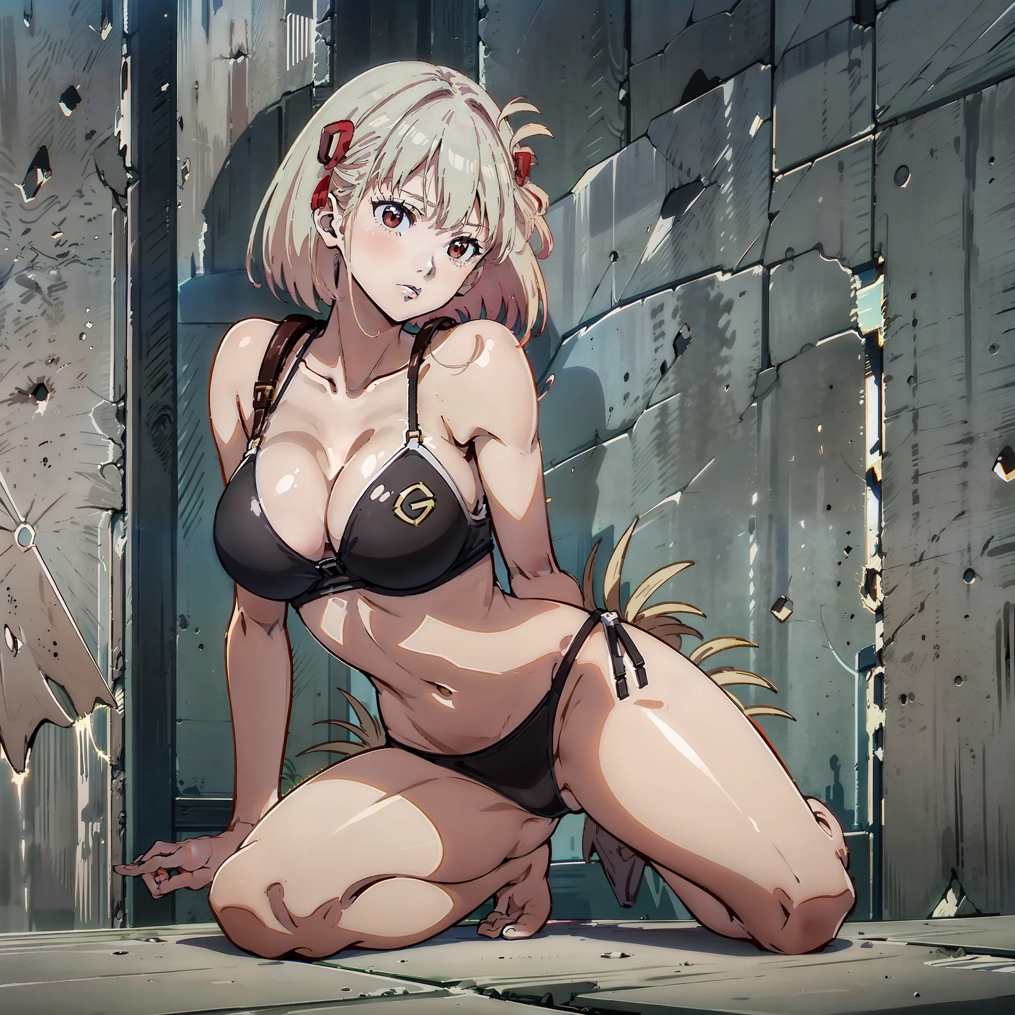 (Extreme Detail CG Unity 8K papel de parede, obra-prima, alta qualidade), (Exquisite lighting and shade, highly dramatic image, cinematic lens effect) Garota linda de bikini, kneeling for the camera,