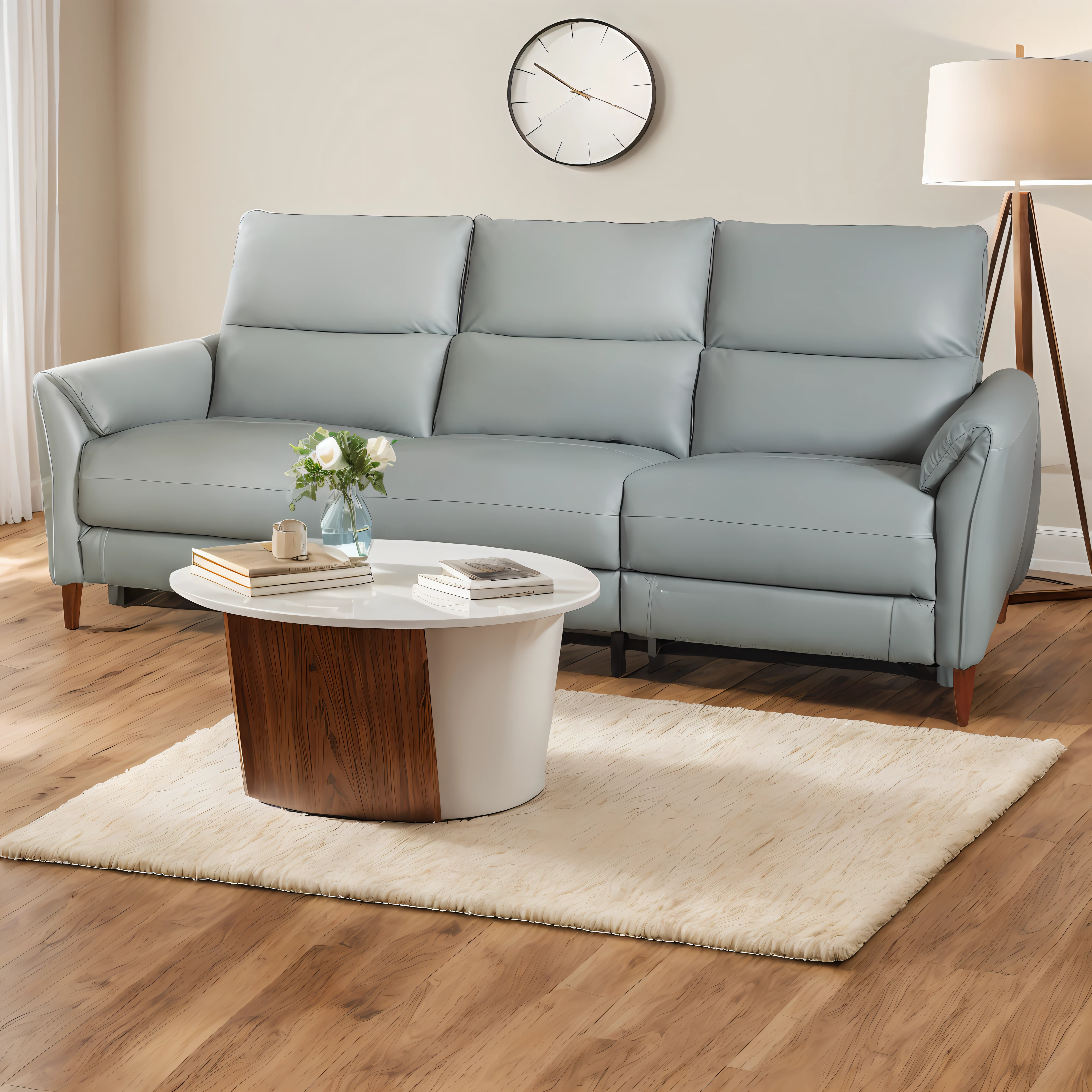 Aalfed sofa and a table in the living room,Clock on the wall, placed in a large living room, high resolution product photo, placed in a living room, furniture photography, soft blue living room, leather sofa, leather sofa, ristan eaton, curved furniture, with furniture overturned, dark teal couch, scenic full shot, Accurate detail in light and shadow