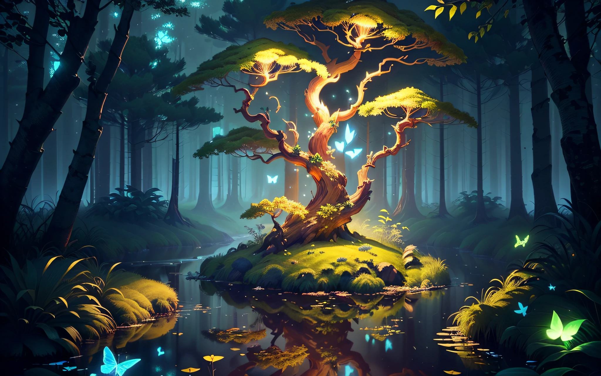 A masterpiece, the best quality, stunning reflections, the best reflections ever. (very detailed CG unity 8k wallpapers), (best quality), (best illustrations), (best shadows), forest theme with natural elements. Tall trees, quiet streams, small glowing mushrooms surrounded by delicate leaves and branches, with fireflies and glowing particle effects,, (natural elements), (jungle theme), (leaves), (twigs), (fireflies), butterflies, (delicate leaves), (glow), (particle effects). , Isometric 3D, Octane Rendering, Ray Traced, Super Detailed