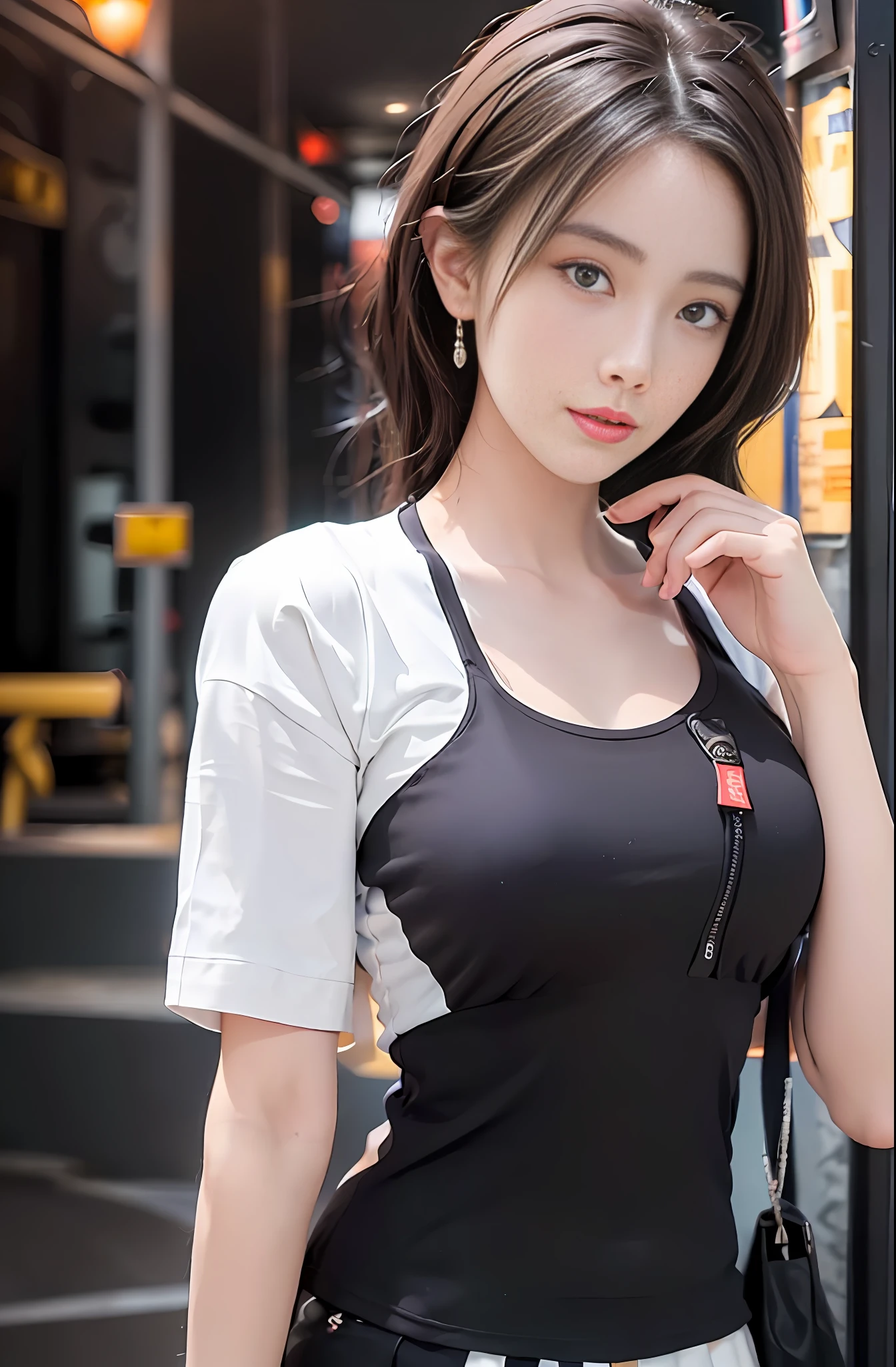 best quality, masterpiece, 1 girl, beautiful face, (photo photorealistic:1.3), edge lighting, (high detail skin:1.2), 8k ultra hd, dslr camera, high quality, high resolution, 4k, 8k, bokeh, ridiculous, best ratio four fingers and one thumb, (realistic:1.3), cute 1girl, wearing white t-shirt, medium breasts, white short skirt,