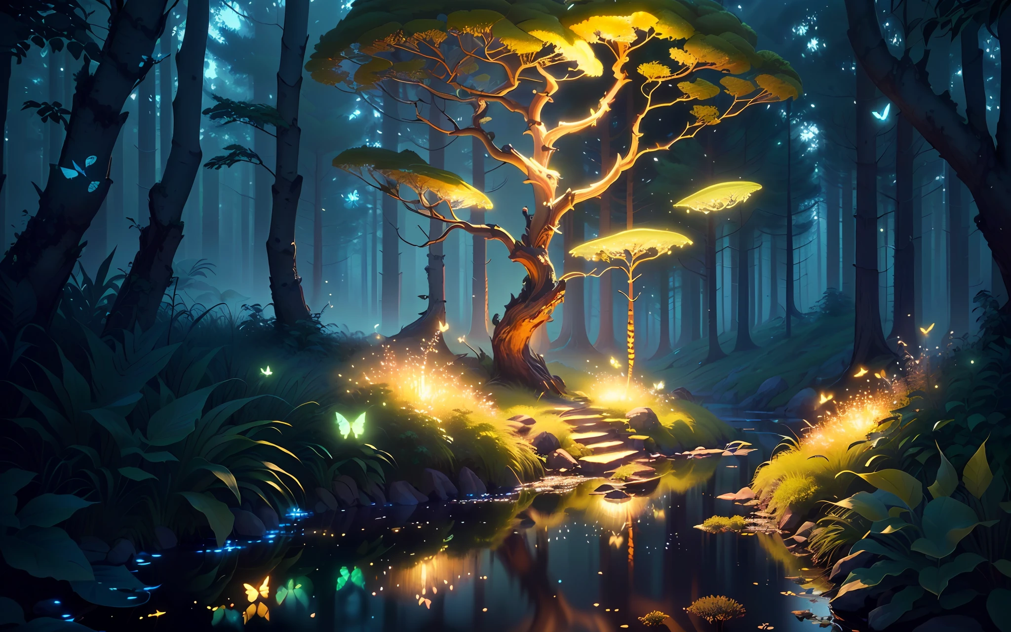 A masterpiece, the best quality, stunning reflections, the best reflections ever. (very detailed CG unity 8k wallpapers), (best quality), (best illustrations), (best shadows), forest theme with natural elements. Tall trees, quiet streams, small glowing mushrooms surrounded by delicate leaves and branches, with fireflies and glowing particle effects,, (natural elements), (jungle theme), (leaves), (twigs), (fireflies), butterflies, (delicate leaves), (glow), (particle effects). , Isometric 3D, Octane Rendering, Ray Traced, Super Detailed