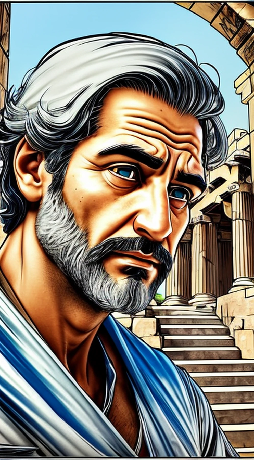 a face of a Greek man with a sad head down Describe the scene as Peter is magically transported to ancient Athens, where he meets Socrates, a wise philosopher. Highlight the expression of surprise and curiosity on Peter's face as he notices the change of scenery., 3dK full hd super realista com nivel de detalhes absurdos. --auto --s2