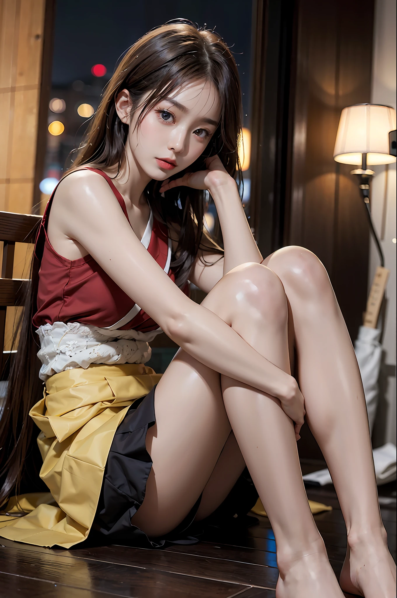 Masterpiece, best picture quality, one beautiful girl, detailed eyes, swollen eyes, brown hair, long hair, fair skin, cute, cute legs, short skirt, Japanese woman, Asian beauty, moonlight, strong eyes, professional lighting, bright lighting, double eyelids, slender, Japanese woman, Asian beauty,