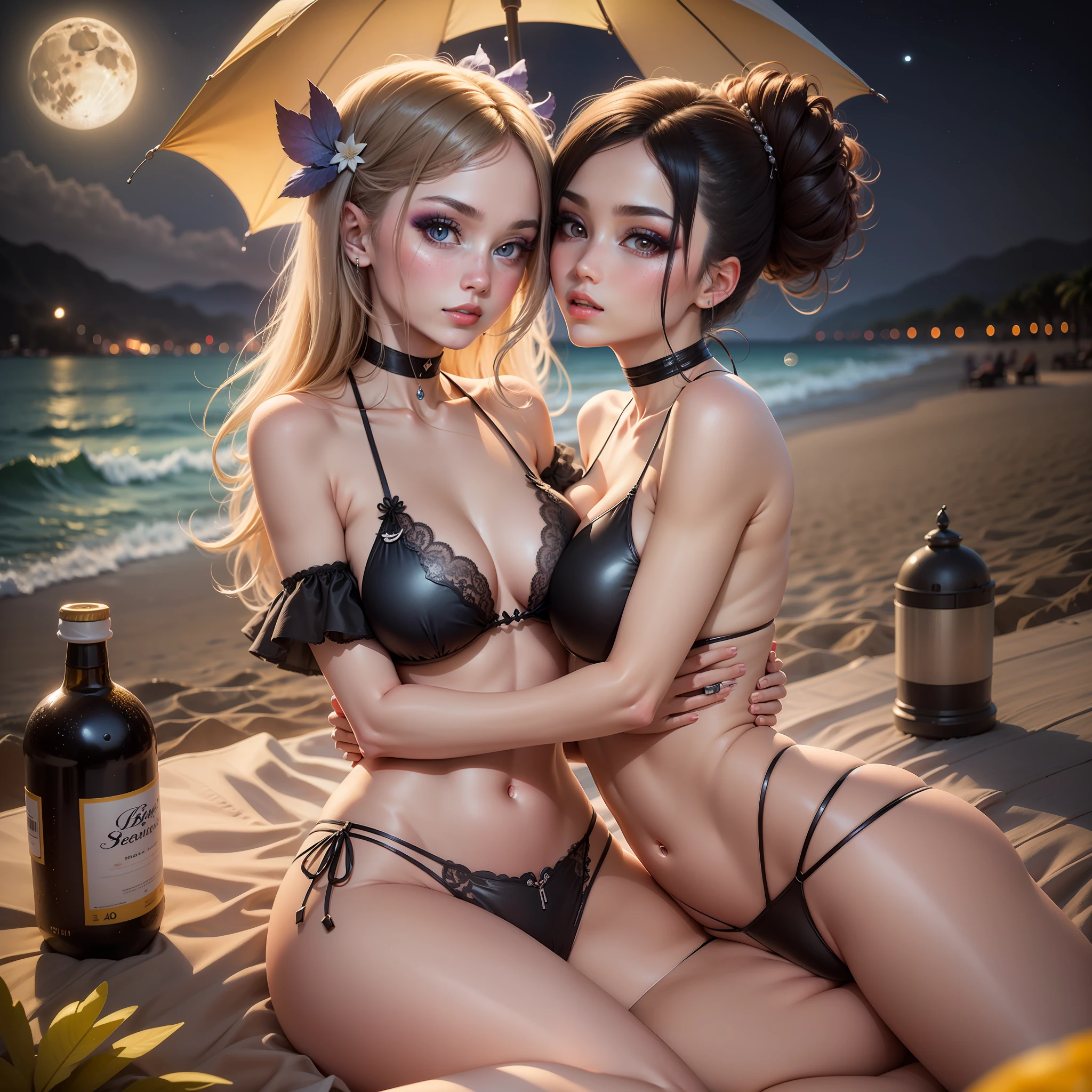 The beach is full of sparkling water,Highest image quality,ultra-high-res,At night, the moon hangs high,Two beautiful girls with exquisite makeup wearing bikini sexy,Kiss and cuddle each other,without shoes,large eyes,3D。