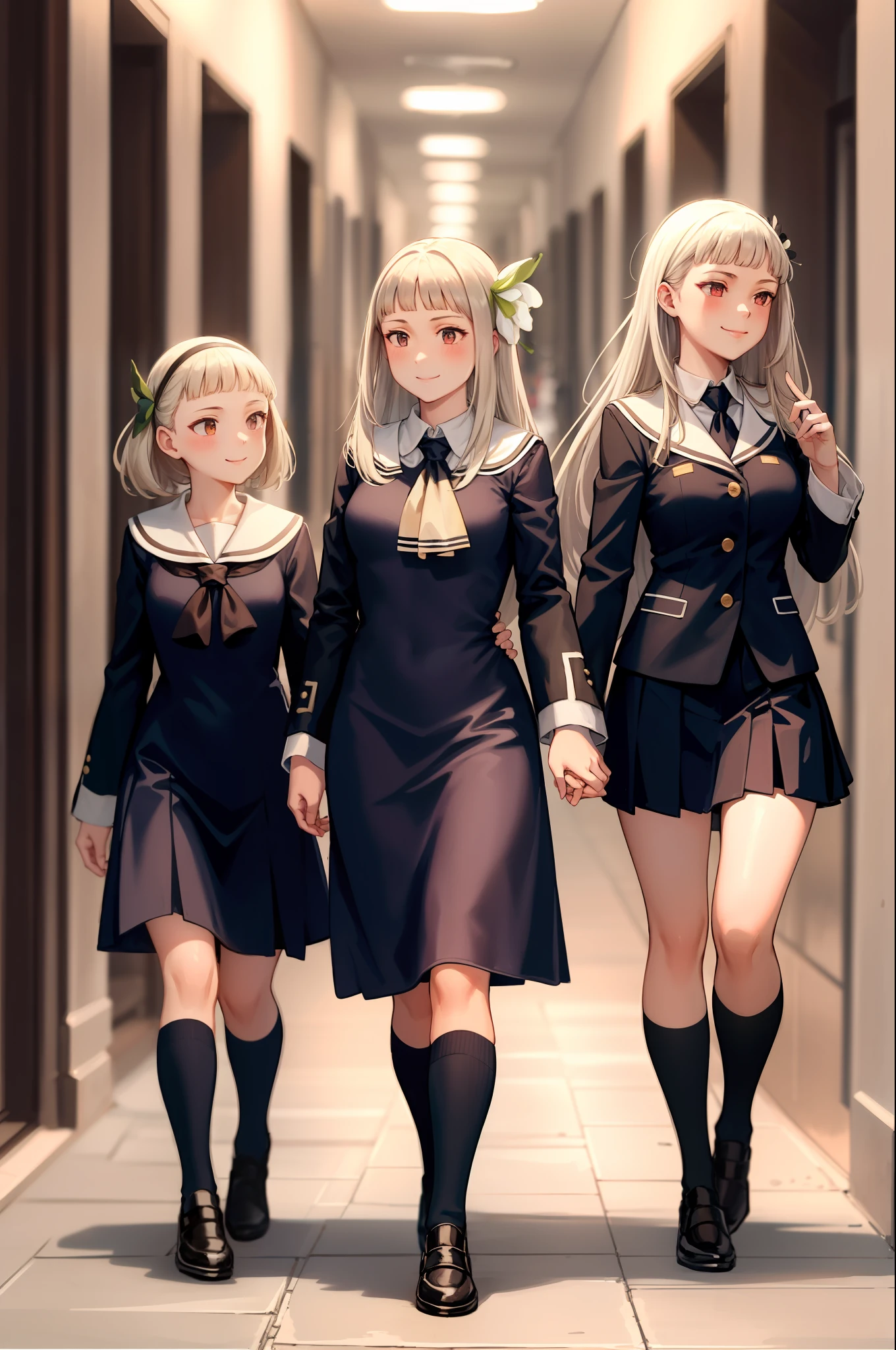 masterpiece, best quality, magnolia arch, hair flower, black schoolgirl uniform, ascot, hallway, walking, smile, many girls, sisters