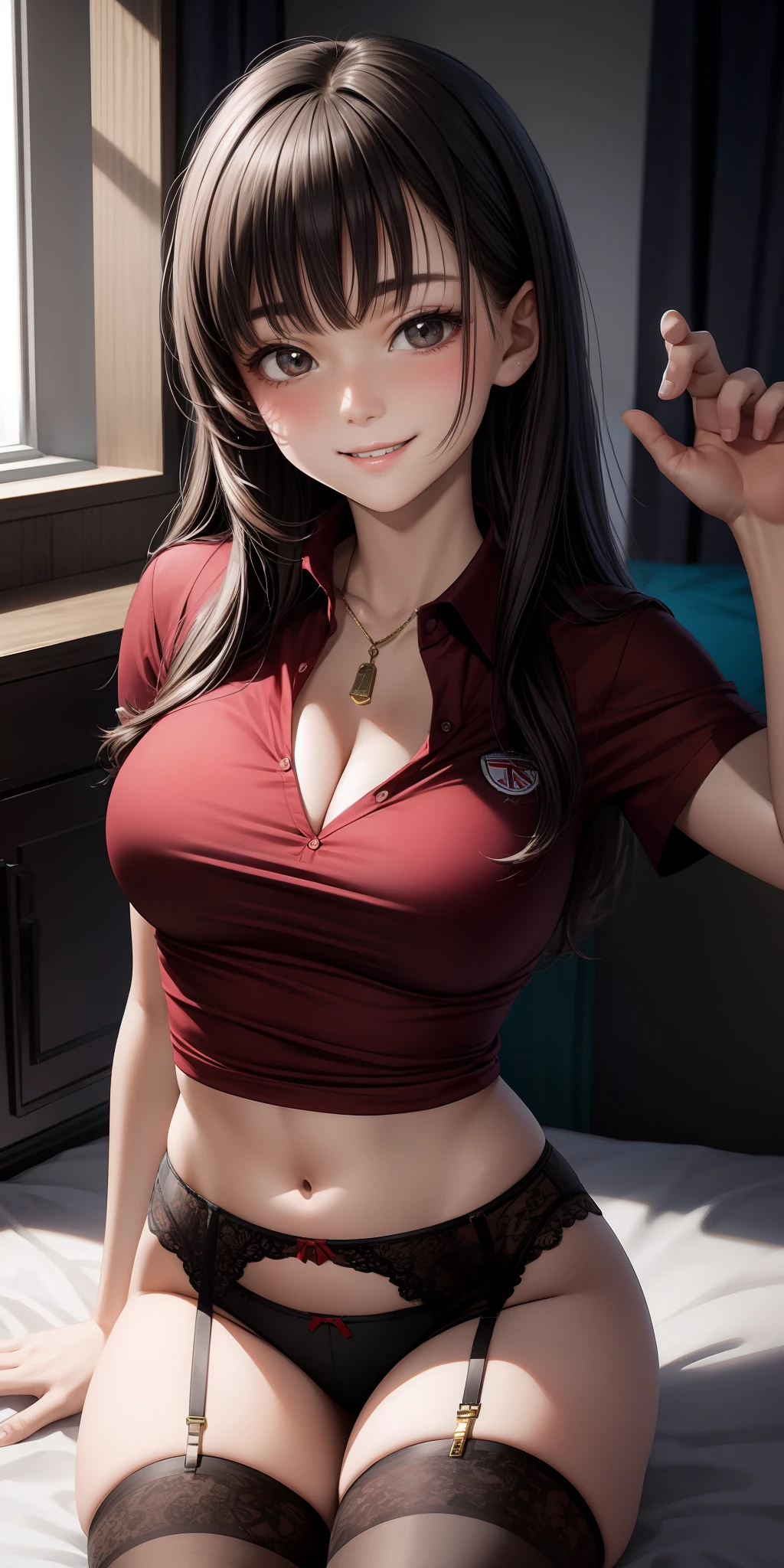 realisti、13 year old girl.Wearing a red polo shirt,garter-belt,Cleavage emphasis,Smile,A sexy