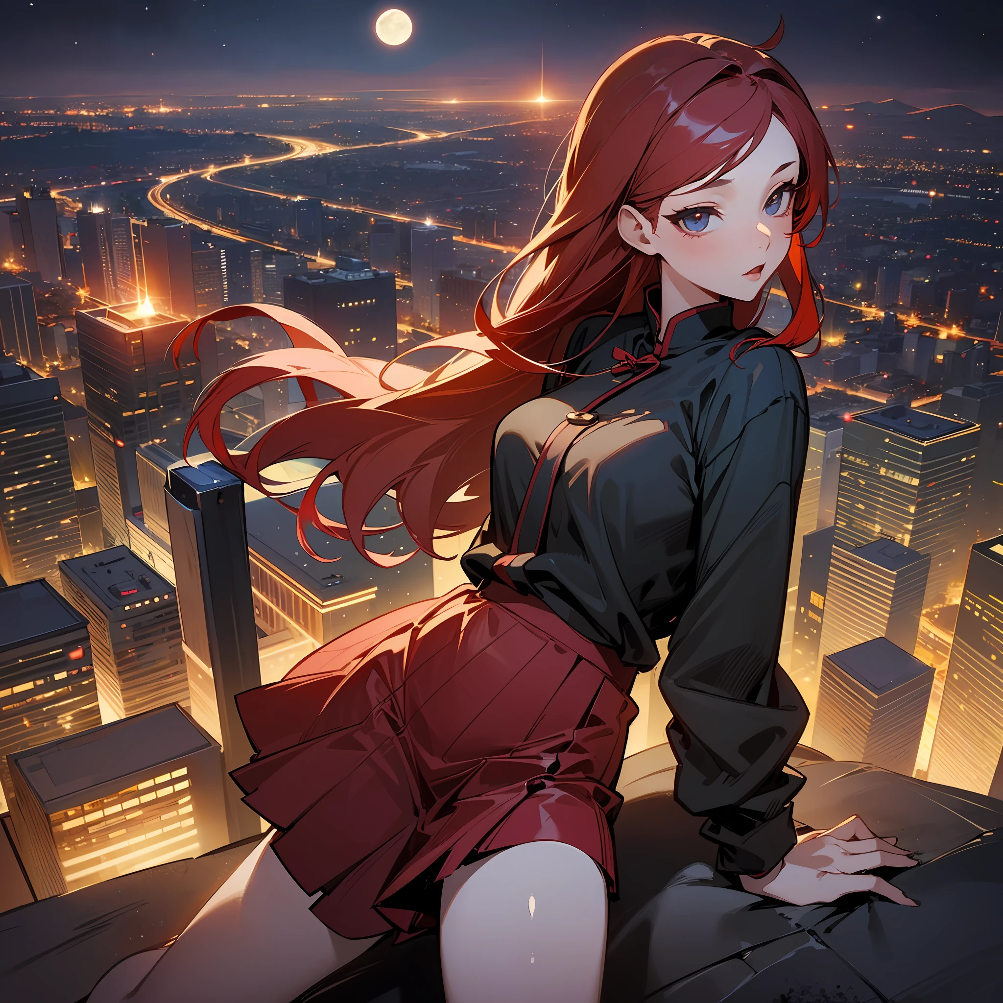 sexy and beautiful red hair yong woman in red miniskirt stay on top of a hill and looks at the lights of a city and a big moon rises in the background. cinematic, moonlight, night, --auto --s2