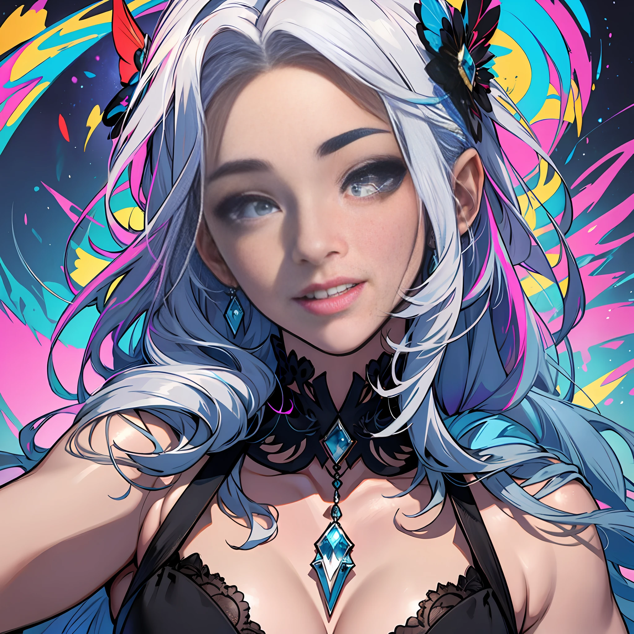 Mulher com cabelo azul e penas coloridas, Arte de fantasia digital colorida, arte digital colorida, estilo de arte de fantasia, bela arte digital, Arte digital 4K muito detalhada, seios grandes mostrando um pouco, olhos grandes, Sorriso leve, 8k, cara muito fina, delicate lips, Olhos Delicados, double eyelids