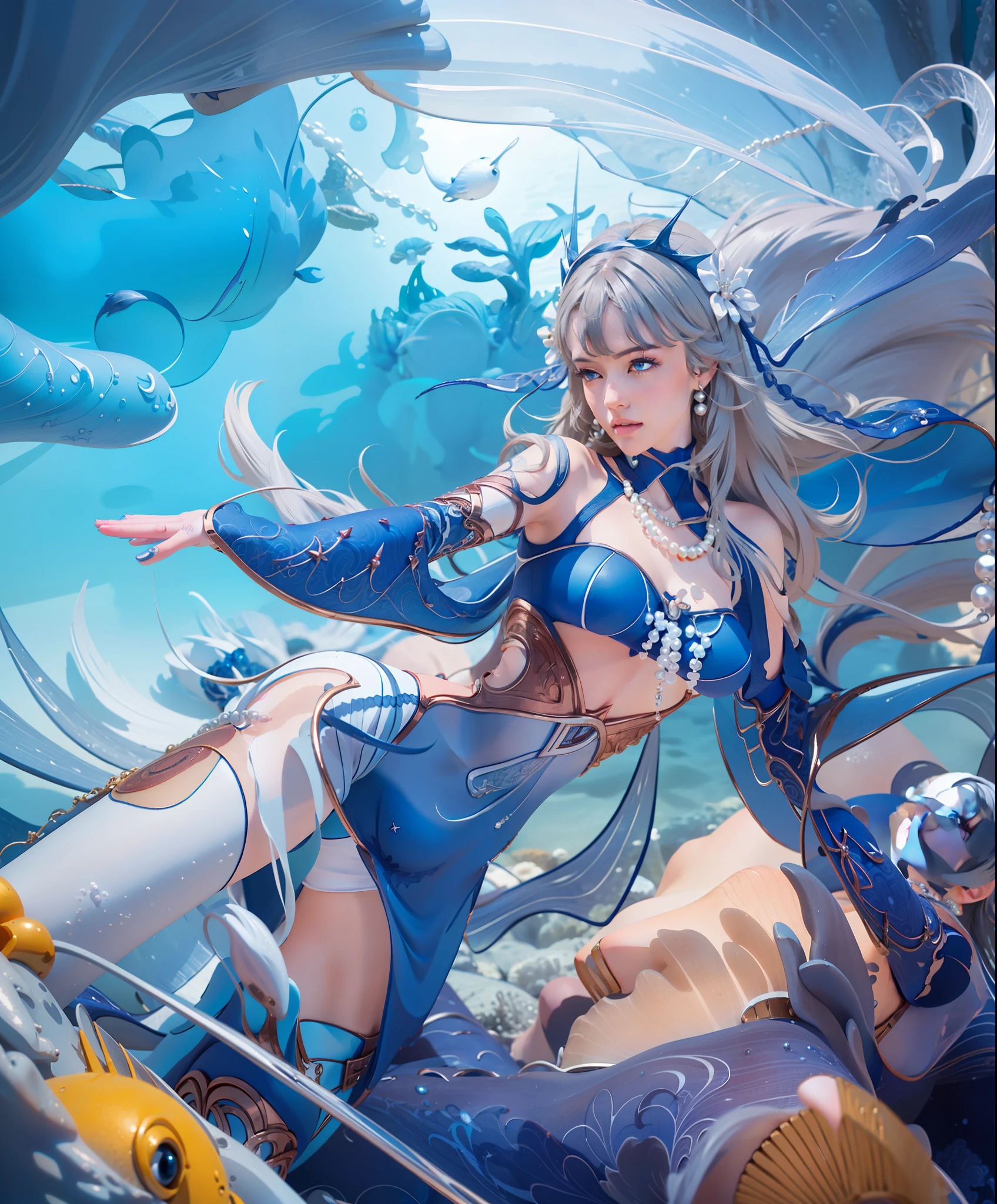 Woman, beautiful face, piercing gaze, blue eyes, y blue dress, long white hair with perfect pearl necklace, ultra realistic, photorealistic, masterpiece, detail, Under the sea, perfect face