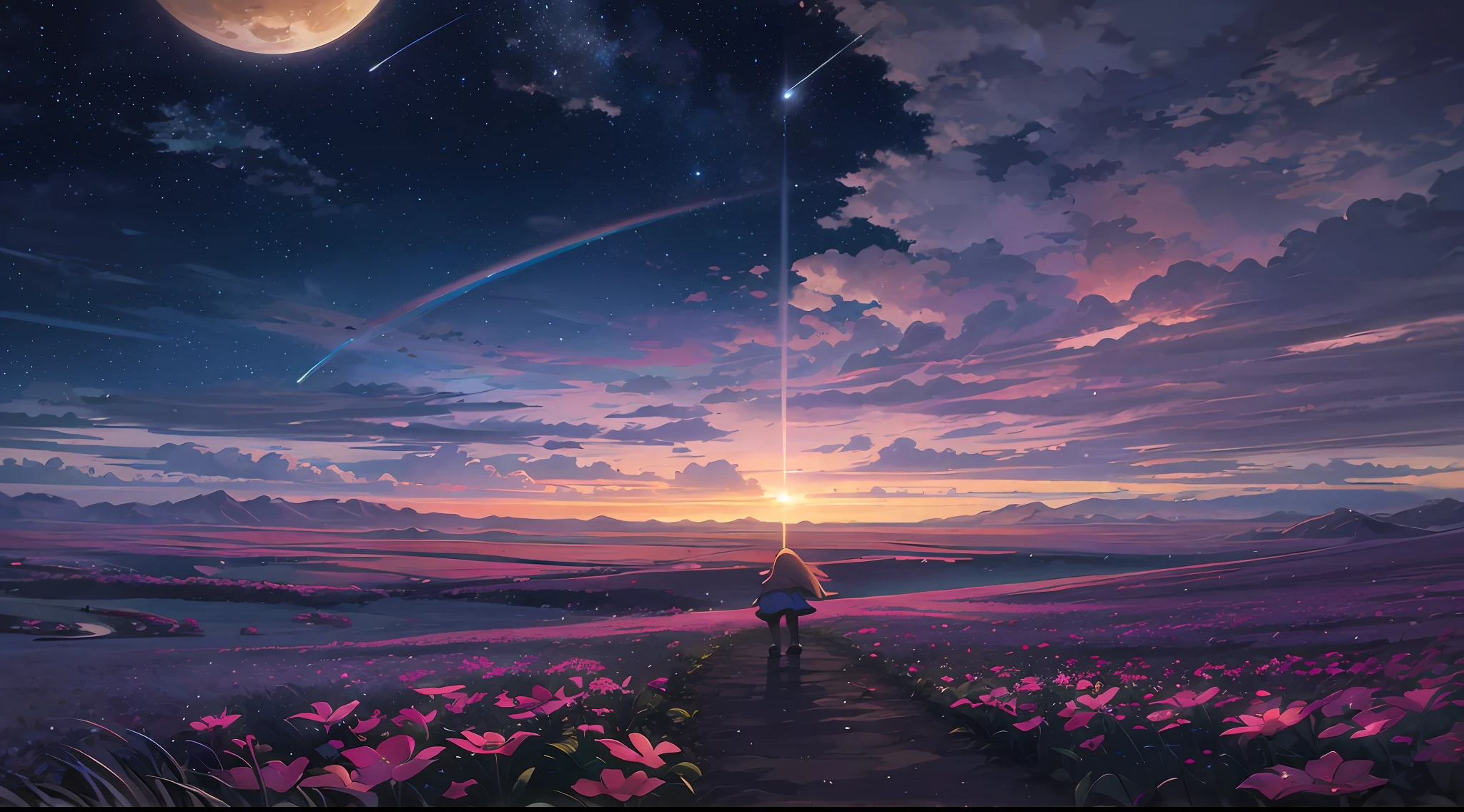 anime girl walking on a path in a field of flowers, makoto shinkai cyril rolando, anime art wallpaper 4 k, anime art wallpaper 4k, anime background art, anime beautiful peace scene, beautiful anime artwork, beautiful anime scene, 4k anime wallpaper, beautiful art uhd 4 k, anime art wallpaper 8 k, cosmic skies. by makoto shinkai