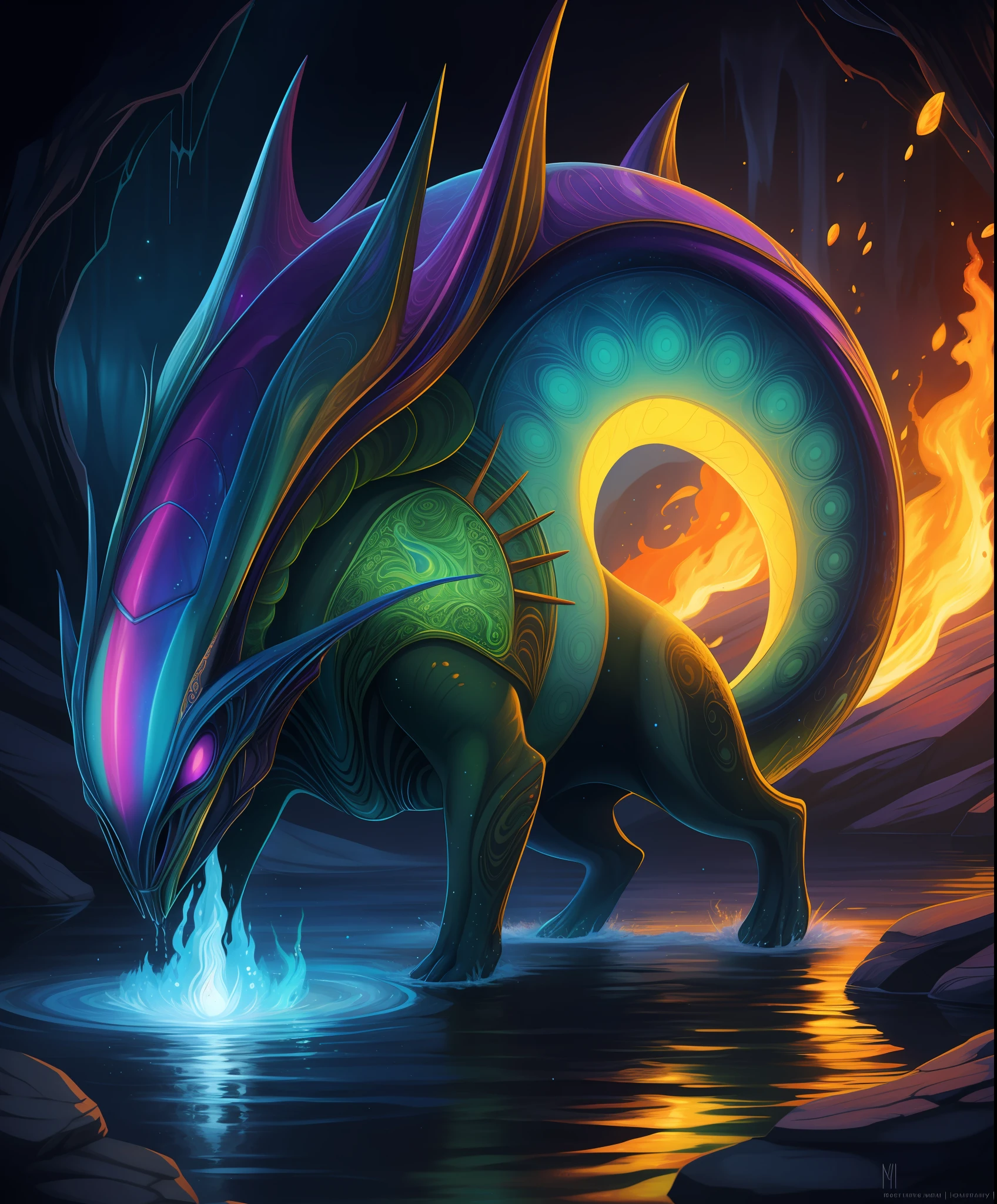 Alien, dog, fox, water-made ears, fire-made tail, intricate detailing, vibrant colors, unique patterns, textures, iridescent hues, deep blues, radiant purples, shimmering greens, fantastical creature, otherworldly beauty, extraterrestrial elements, familiar features.