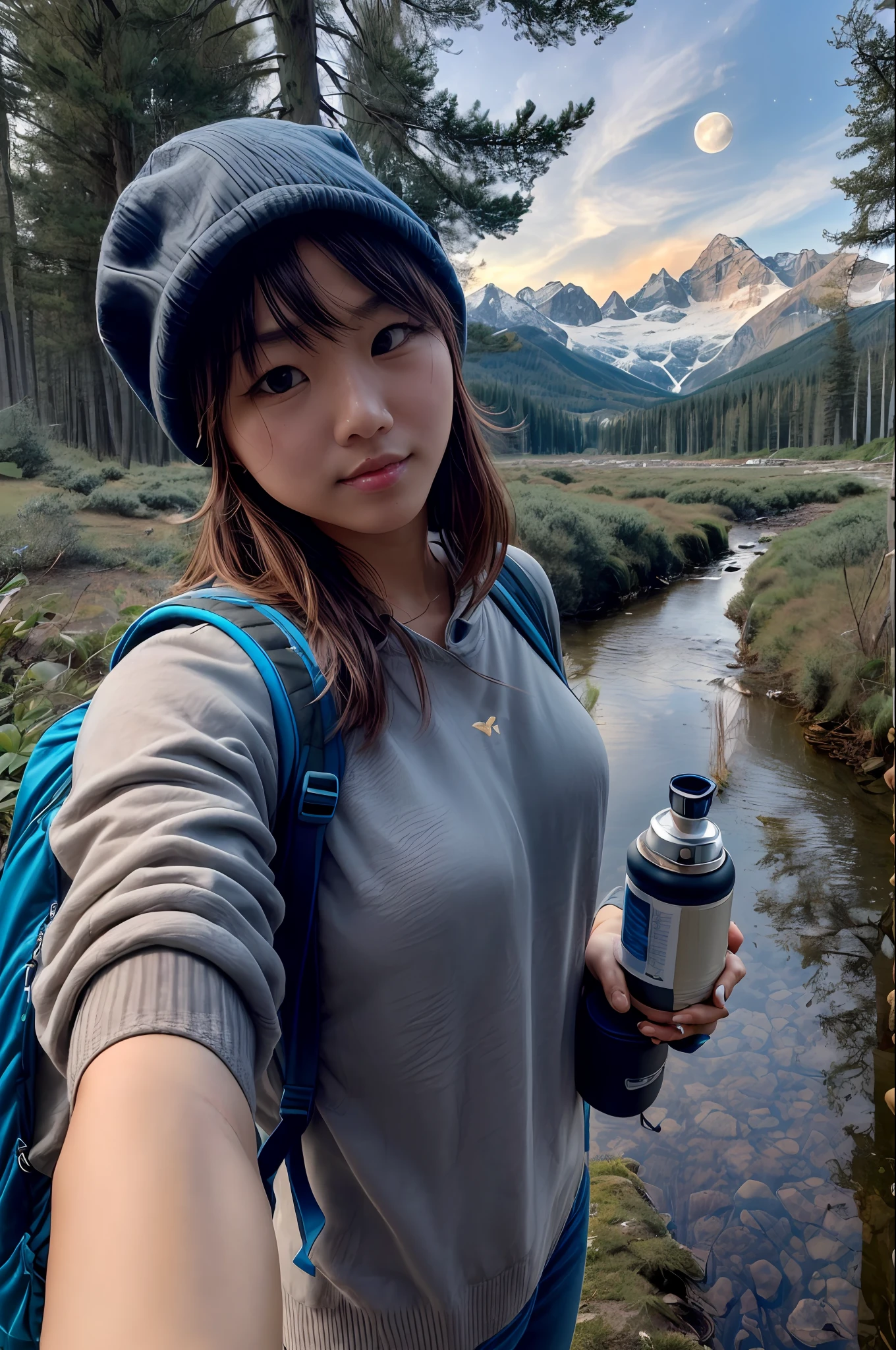 VeronicaCipher ((upper body selfie, happy)), masterpiece, best quality, ultra-detailed, solo, outdoor, (night), mountains, nature, (stars, moon) cheerful, happy, backpack, sleeping bag, camping stove, bottle water, mountain boots, gloves, sweater, hat, lantern, forest, rocks, river, wood, smoke, shadows, contrast, clear sky, style (warm hue, warm tone): 1.2), close-up, cinematic light,  side lighting, ultra high resolution, best shadow, RAW, upper body, wearing pullover kodak vision 3,
