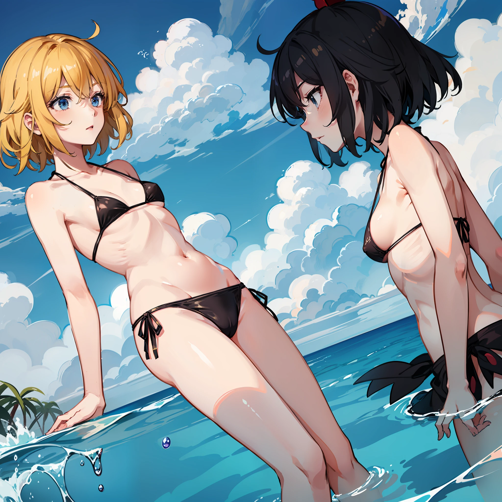 1女の子, Lunasa Prism River(Touhou Project), solo, swimming suit, Bikini, small tits,,, side-tie bikini bottom, Bikini, Blue eyes, Yellow hair、short hair,, shyness, blushed, BEATCH