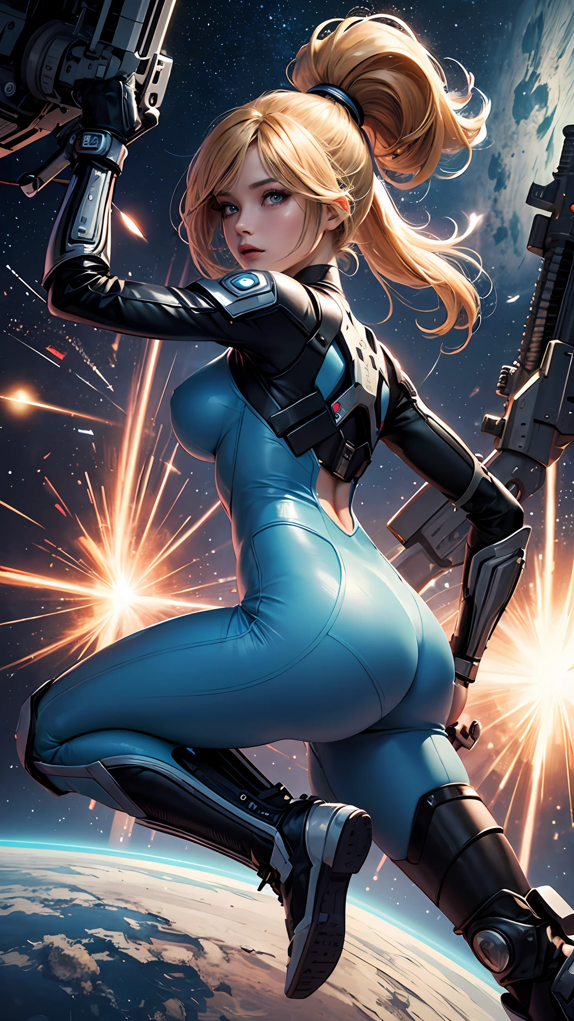 1girls，Female Star Warrior，Delicate and beautiful face，blushing face，Blue pupils，The lips open slightly，HAIR LOIRO，High ponytail，Busty boobs，Convex buttocks，Dressed in a blue bodysuit，High-tech combat boots，Armed with a firearm，Weapons of the future，perfectly proportioned，samus aran，Detailed clothing details，space station，Interstellar battlefield，High-tech scene，detailed backgorund，high quailty，master-piece，8K，