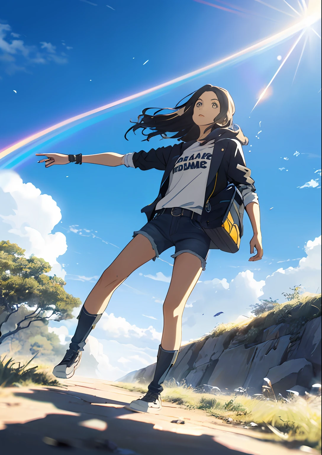 (Vast sky, lindo horizonte, grande pastagem: 1.2+ Intense and dramatic graphics, visuais em movimento: 1.3+ pendurado North Star, luz natural colorida: 1.3), (top de manga comprida, (1girl), shorts jeans, mochila: 0.8), (costas, dynamic), (modelagem detalhada de personagens: 1.2, tom de pele natural, textura delicada), (menina bonita, dynamic posture, postura confiante: 0.2+ cabelo longo fluindo (cabelo preto: 0.9+ cabelo loiro: 1.2), com feminilidade e temperamento:  1.3+ rosto bonito, witty and cute expressions and eyes), (grande pastagem no fundo) + (natural light rendering, luz e sombra: 1.3), (shooting angle, lente longa, light illumination, texas, western, wild west