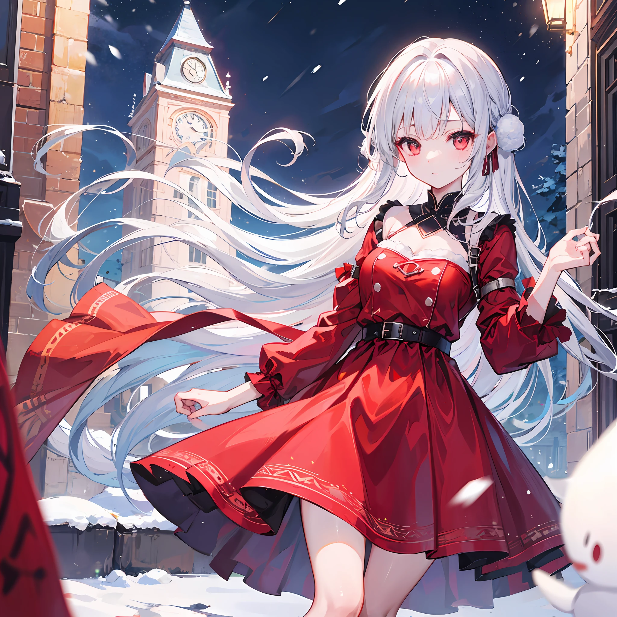 One Girl With Silver Hair、red-eyed、Red dress、night、snowfall、Snowstorms