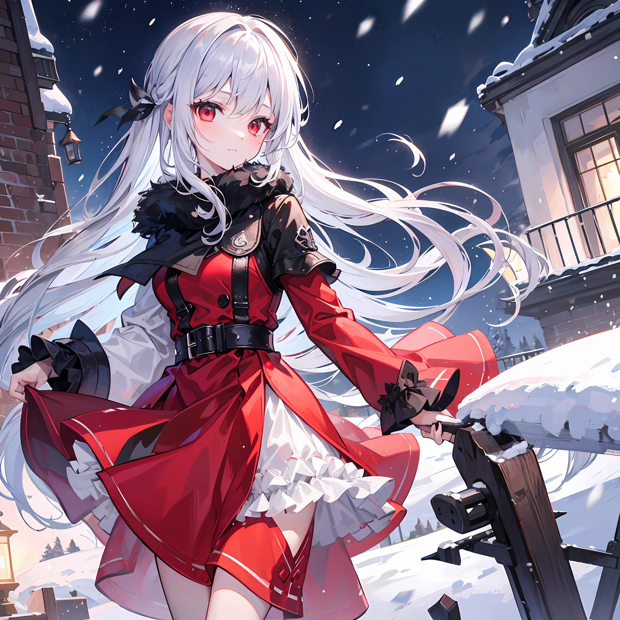 One Girl With Silver Hair、red-eyed、Red dress、night、snowfall、Snowstorms