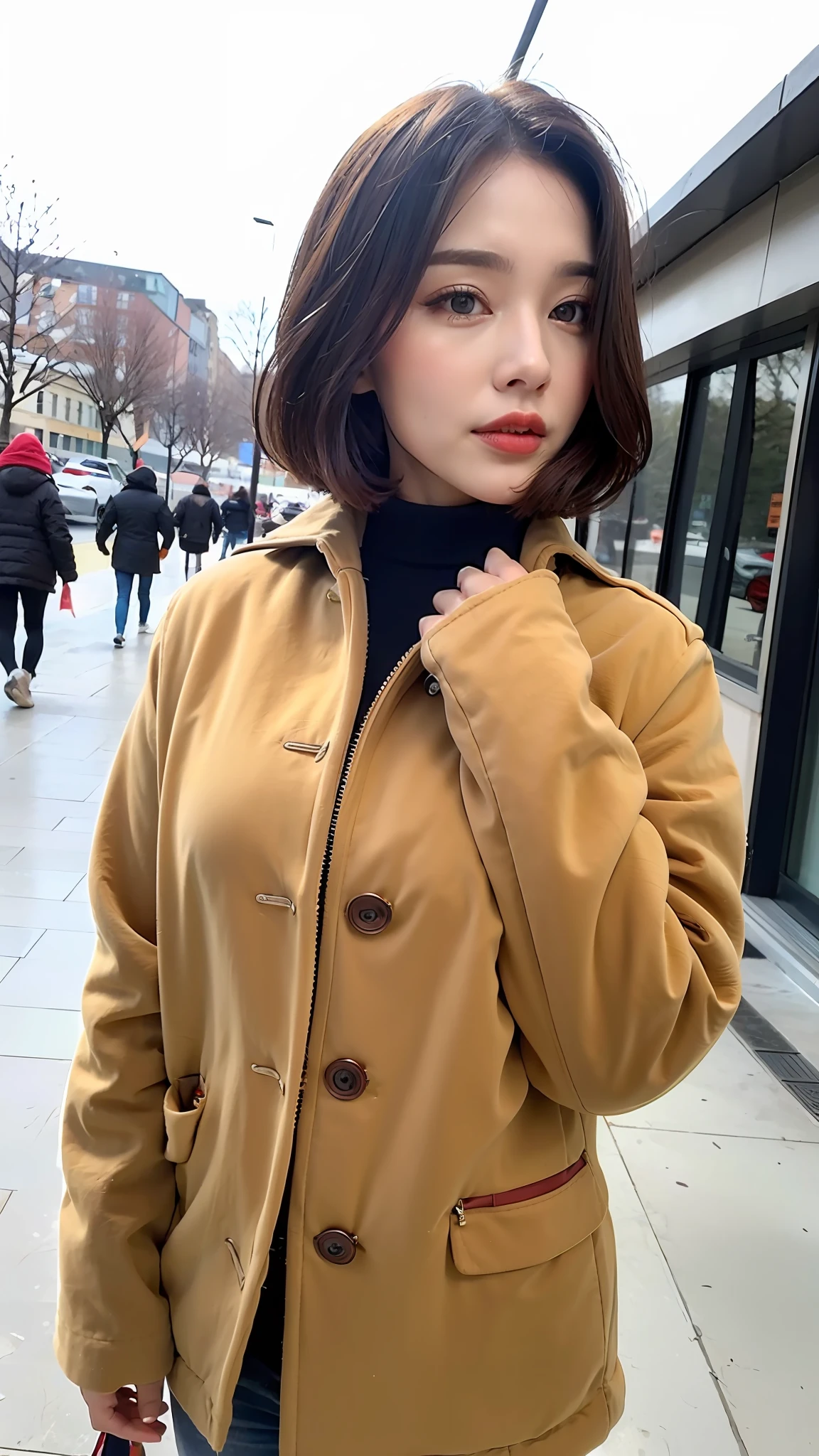 maximum quality、8K、32k、Master Masterpiece、DTV:1.2)、Photo of cute Russian woman、extremely large breast、Very short golden bob hair、Entire body、(Winter fashion、:1.1)、The background is the city in winter、Look around