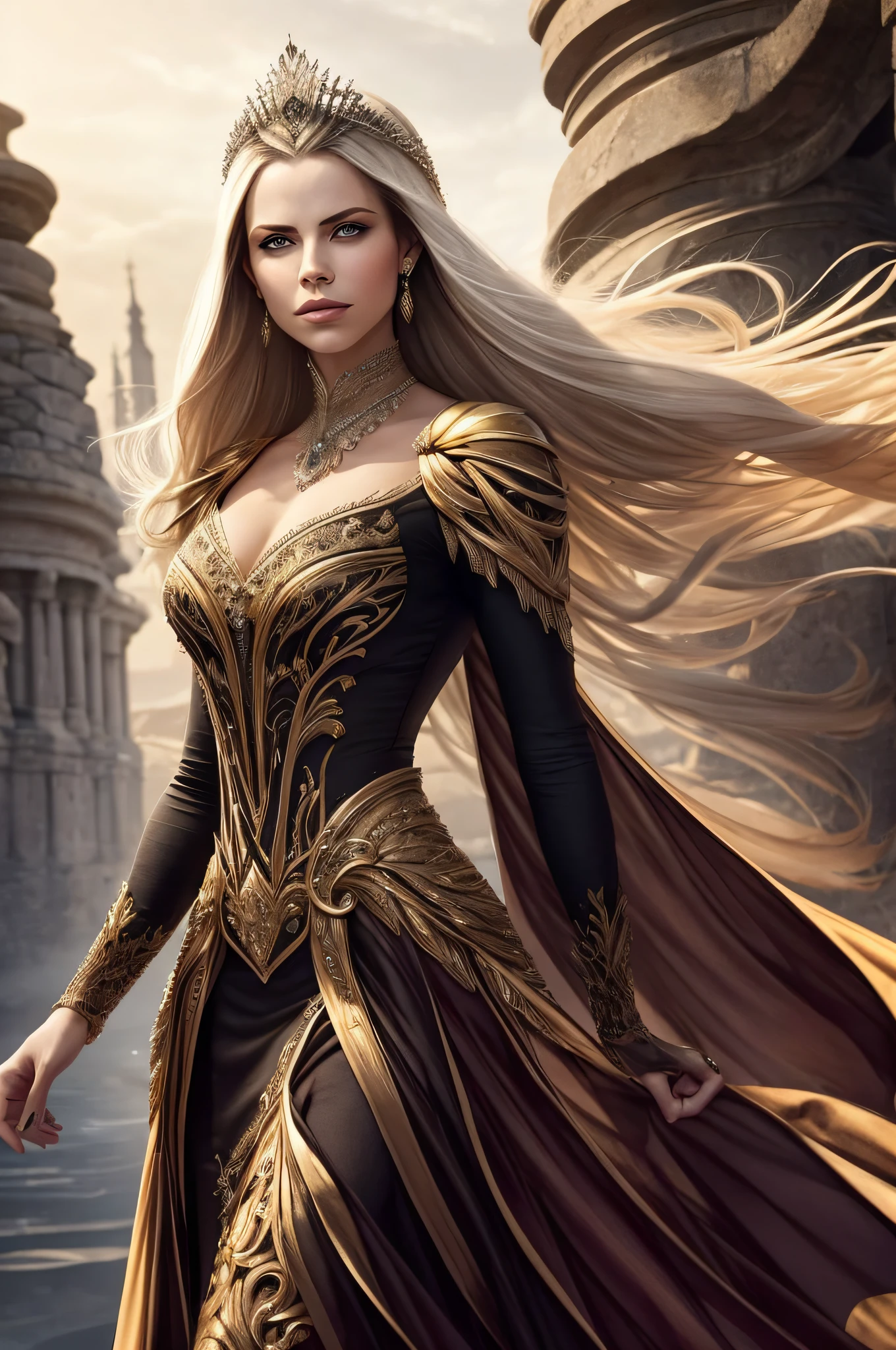 Lady Isabella Valerian is a woman of elegance and gracefulness, with a striking beauty and a magnetic presence. Seus cabelos escuros e sedosos caem em cascata sobre os ombros, contrasting with his piercing amber-colored eyes, full of intelligence and determination.