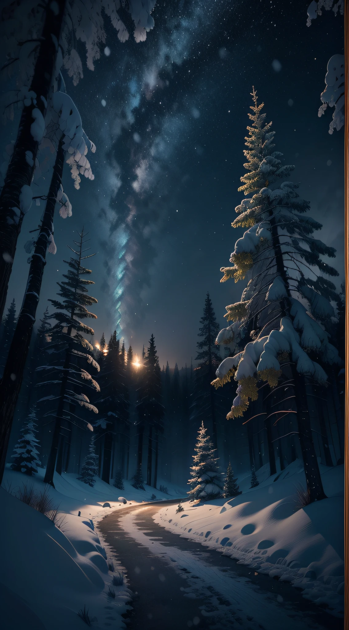 ((Masterpiece)), ((best quality)), ((best framing)), ((ultra-detailed)), medieval style in the style of Skyrim, high resolution ((8K)). The lighting in the scene is dim, representing a snowing night with intensity 1.5. The landscape depicted is a dense forest with snow covering the ground. The sky is filled with twinkling stars, and in the distance, a majestic dragon flies through the skies. This incredible composition captures every detail with realism, creating a true work of art.