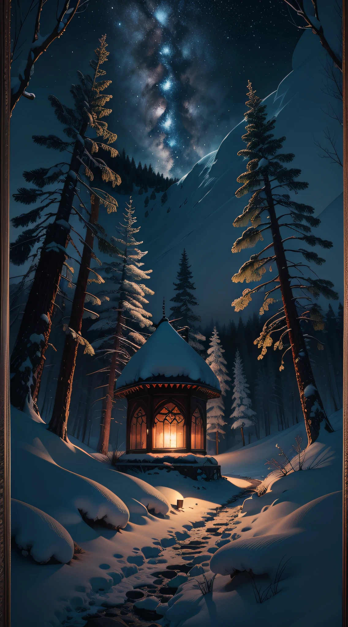((Masterpiece)), ((best quality)), ((best framing)), ((ultra-detailed)), medieval style in the style of Skyrim, high resolution ((8K)). The lighting in the scene is dim, representing a snowing night with intensity 1.5. The landscape depicted is a dense forest with snow covering the ground. The sky is filled with twinkling stars, and in the distance, a majestic dragon flies through the skies. This incredible composition captures every detail with realism, creating a true work of art.