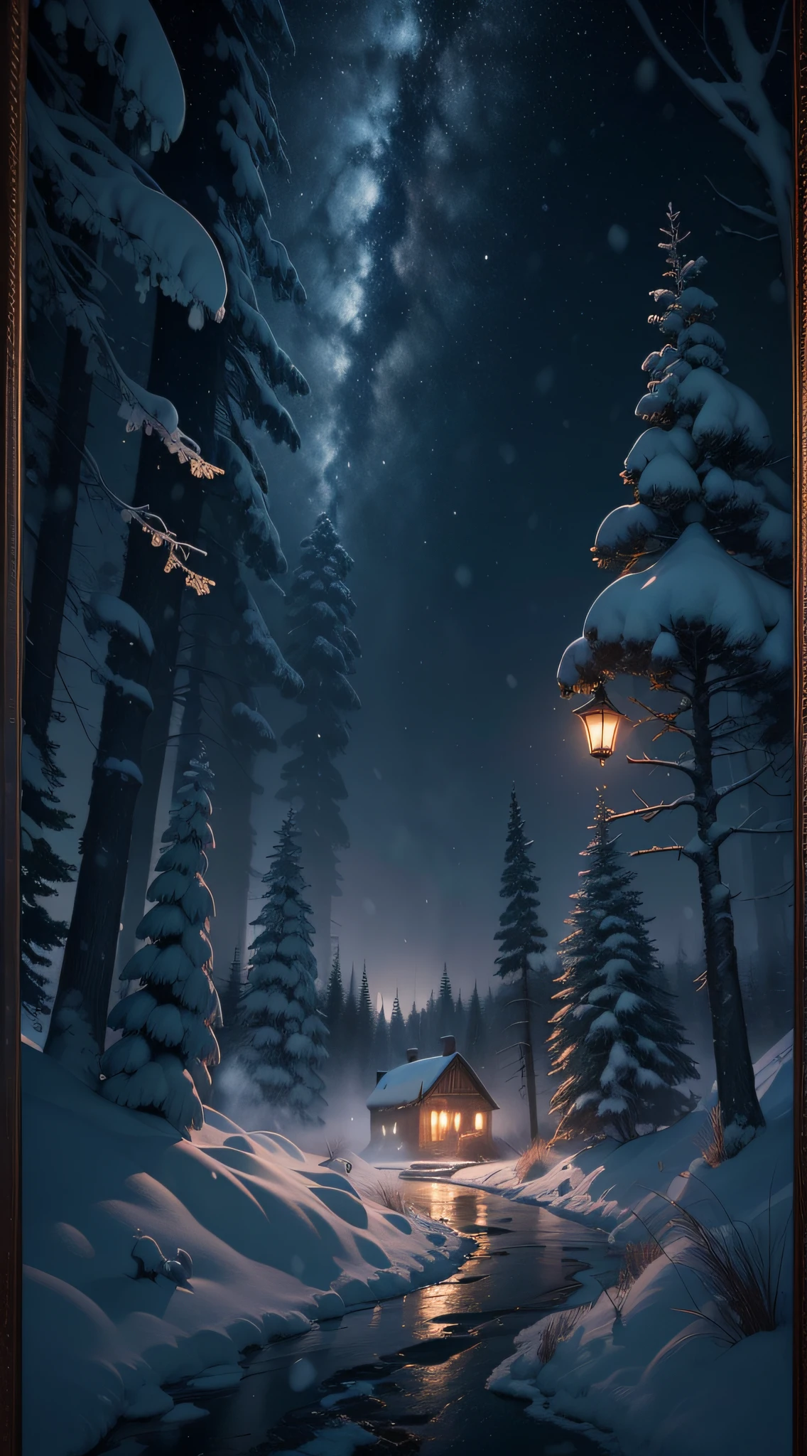 ((Masterpiece)), ((best quality)), ((best framing)), ((ultra-detailed)), medieval style in the style of Skyrim, high resolution ((8K)). The lighting in the scene is dim, representing a snowing night with intensity 1.5. The landscape depicted is a dense forest with snow covering the ground. The sky is filled with twinkling stars, and in the distance, a majestic dragon flies through the skies. This incredible composition captures every detail with realism, creating a true work of art.