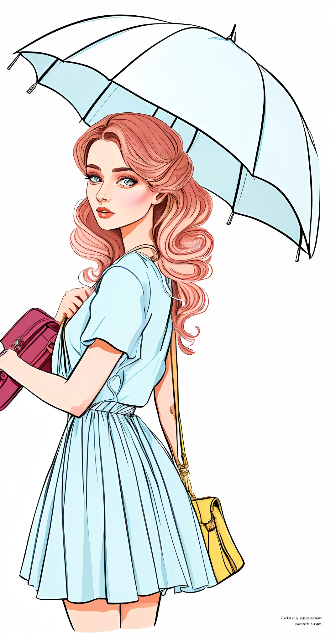 um close up de uma mulher segurando um guarda-chuva com uma bolsa rosa, ilustrado em estilo caprichoso, detailed fashion illustration, ilustration!, full color illustration, fashion illustration, ilustration", Direction: Jeka Kemp, stylised illustration, cartoon style illustration, desenho de estilo vetorial, full color illustration, luxury fashion illustration, por Aya Goda, Direction: Silvia Dimitrova, cute illustration