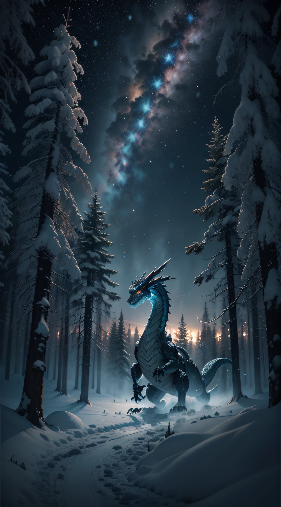 ((Masterpiece)), ((best quality)), ((best framing)), ((ultra-detailed)), medieval style in the style of Skyrim, high resolution ((8K)). The lighting in the scene is dim, representing a snowing night with intensity 1.5. The landscape depicted is a dense forest with snow covering the ground. The sky is filled with twinkling stars, and in the distance, a majestic dragon flies through the skies. This incredible composition captures every detail with realism, creating a true work of art.