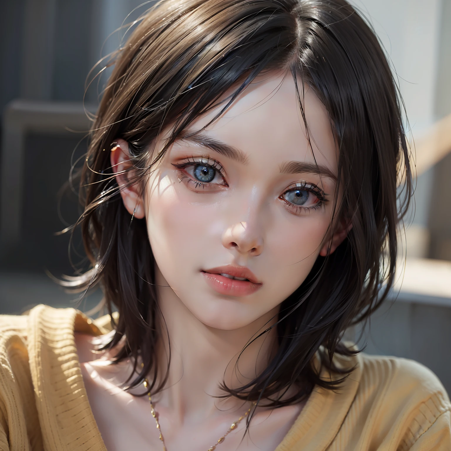 (masterpiece:1.3), (8k, photorealistic, RAW photo, best quality: 1.4), (1girl), beautiful face, (realistic face), (black hair, short hair:1.3), beautiful hairstyle, realistic eyes, beautiful detailed eyes, (realistic skin), beautiful skin, (sweater), absurdres, attractive, ultra high res, ultra realistic, highly detailed, golden ratio