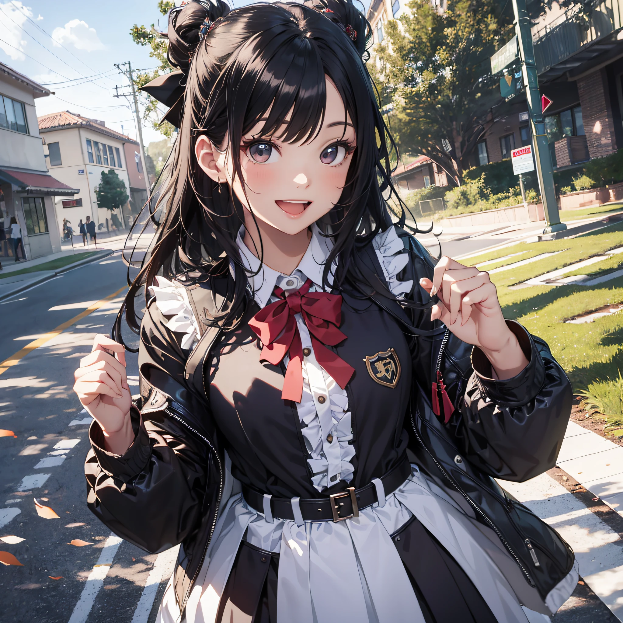 Ridiculous resolution，high resolutions，（master-piece：1.4），ultra-details，Campus outdoors，A black-haired young woman dressed in a school costume，Excited and happy expressions