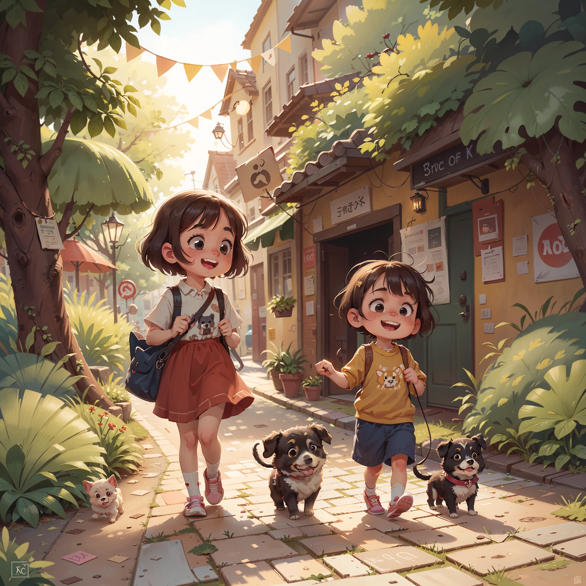 A little girl walking on the street with a little dog, happy, hopping,