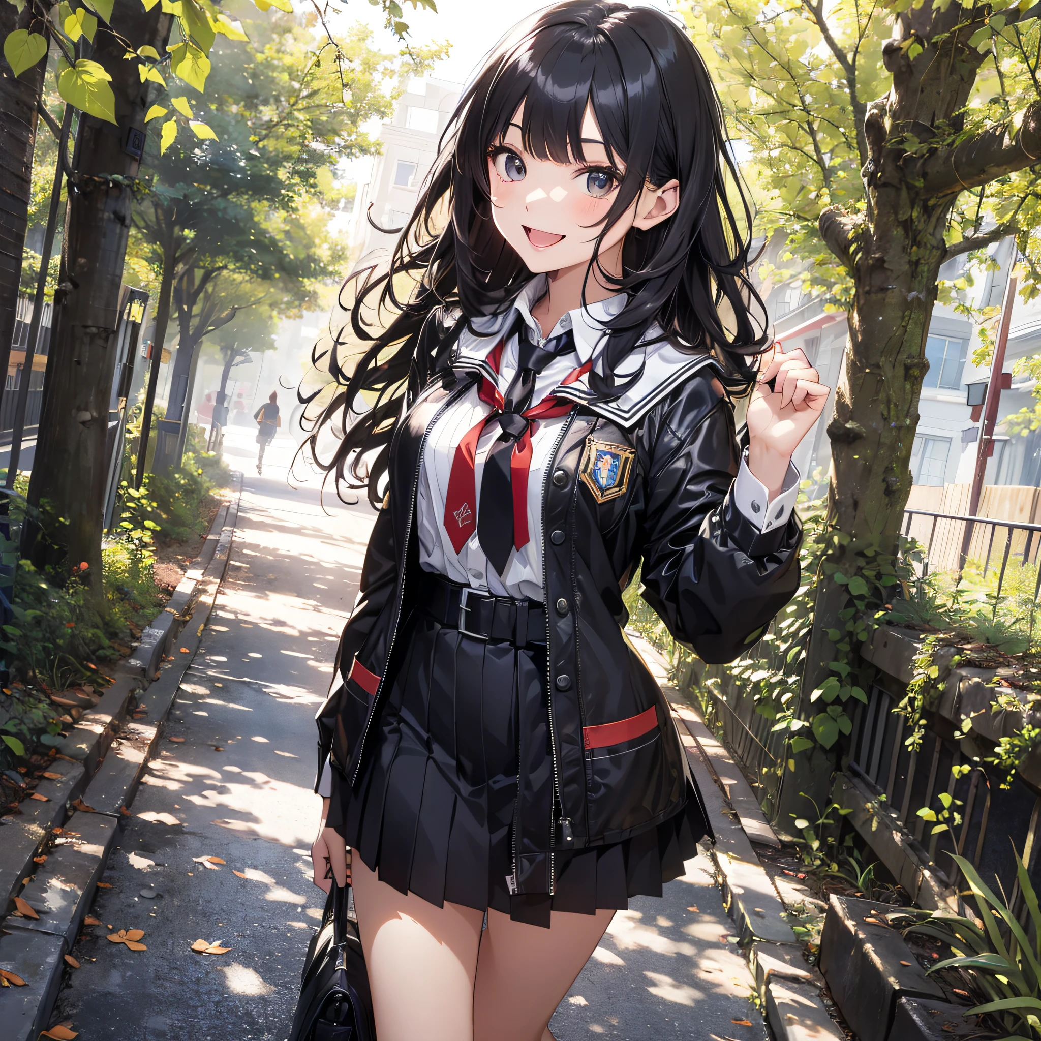 Ridiculous resolution,high resolutions,(master-piece:1.4),ultra-details,Campus outdoors,A black-haired young woman dressed in a school costume,Excited and happy expressions