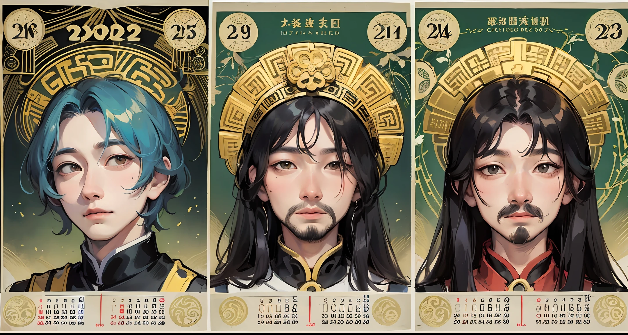 Calendar illustration of the Yellow Emperor's chronology，Including the era of the Yellow Emperor，Common Era，The correspondence between the lunar calendar and the heavenly stem and earth branches，and the historical background of the first year of the Western Zhou Republic，The faces of the characters are normal，Like a picture of a real human face --auto --s2