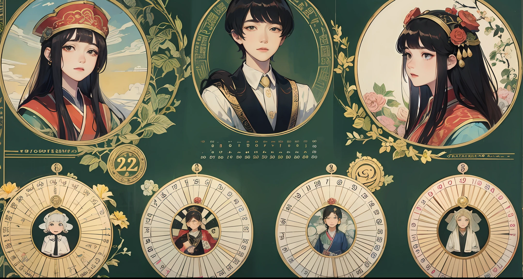 Calendar illustration of the Yellow Emperor's chronology,Including the era of the Yellow Emperor,Common Era,The correspondence between the lunar calendar and the heavenly stem and earth branches,and the historical background of the first year of the Western Zhou Republic,The faces of the characters are normal,Like a picture of a real human face --auto --s2