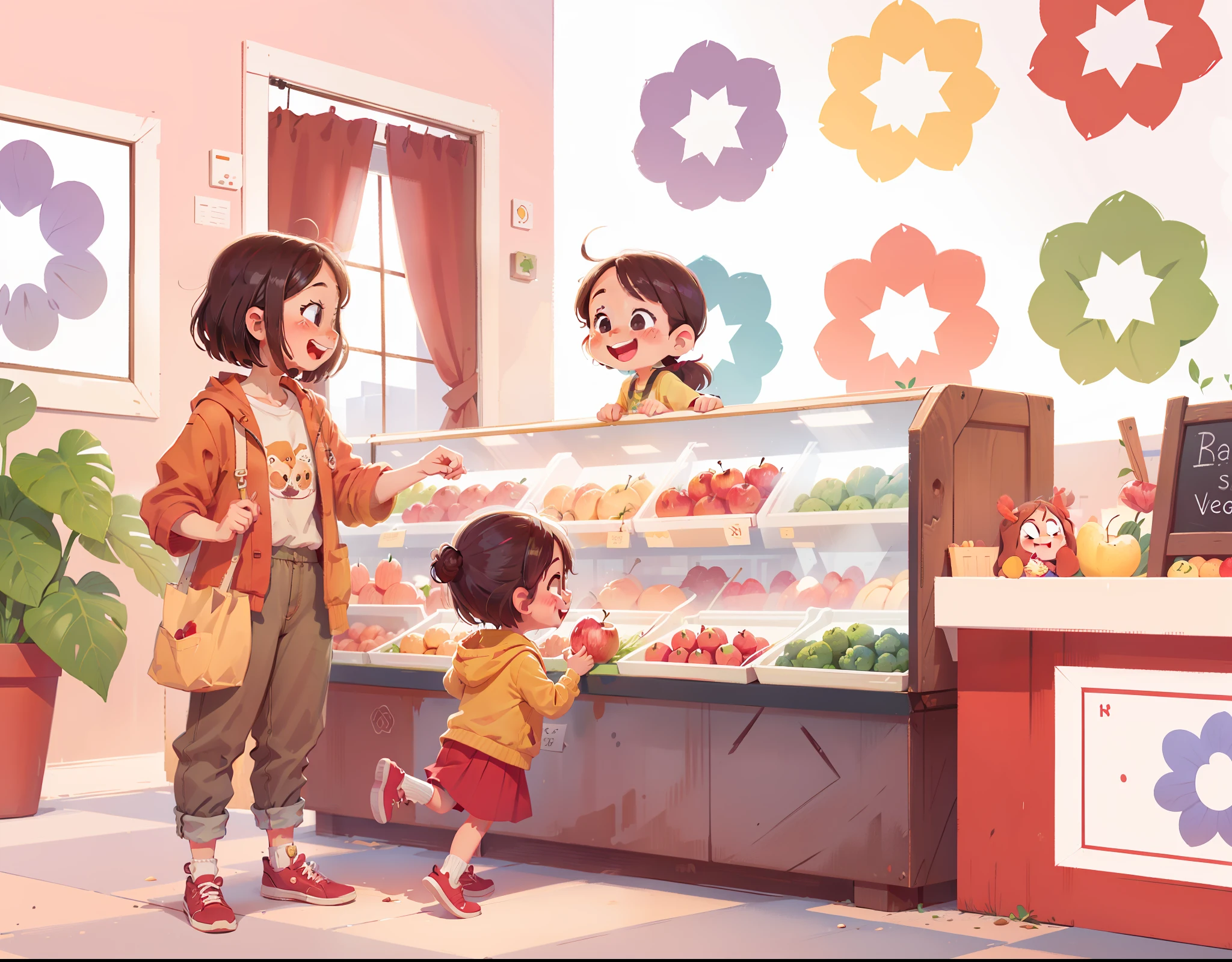 A in a vegitable market, buying apple, happy,