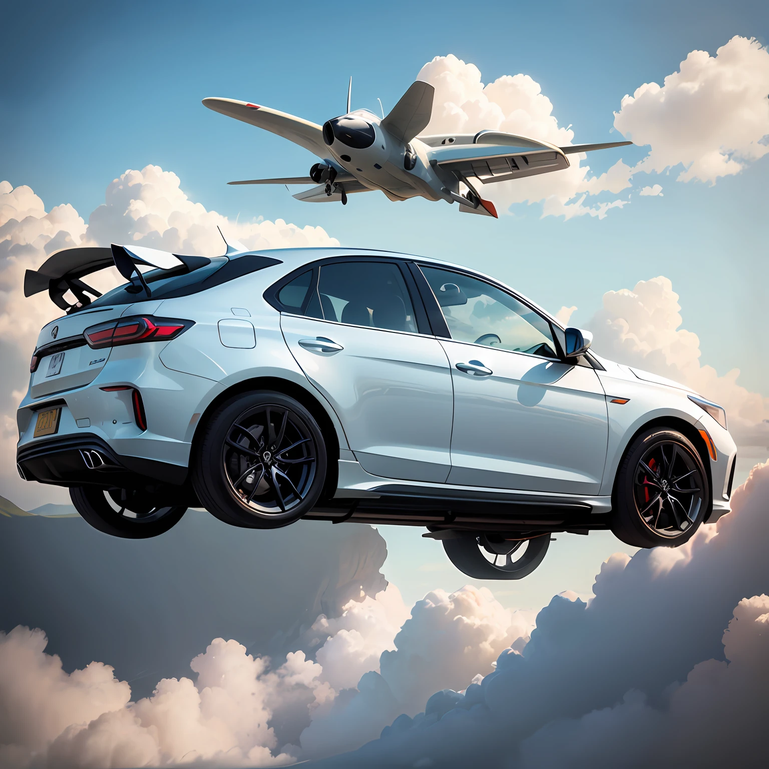 A car that flies above the blue sky and white clouds --auto