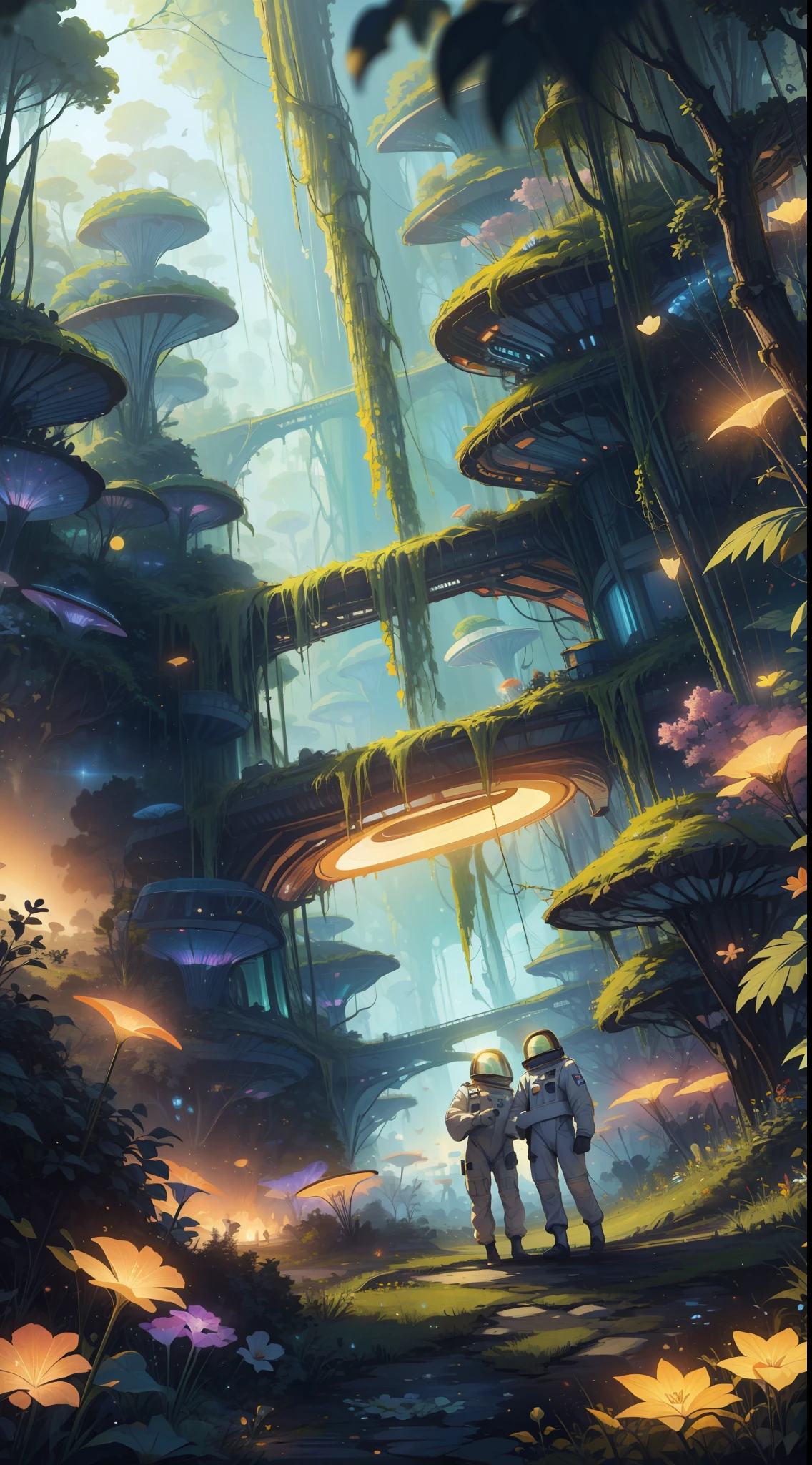 "1 woman astronaut in an alien forest with big Saturn in background"