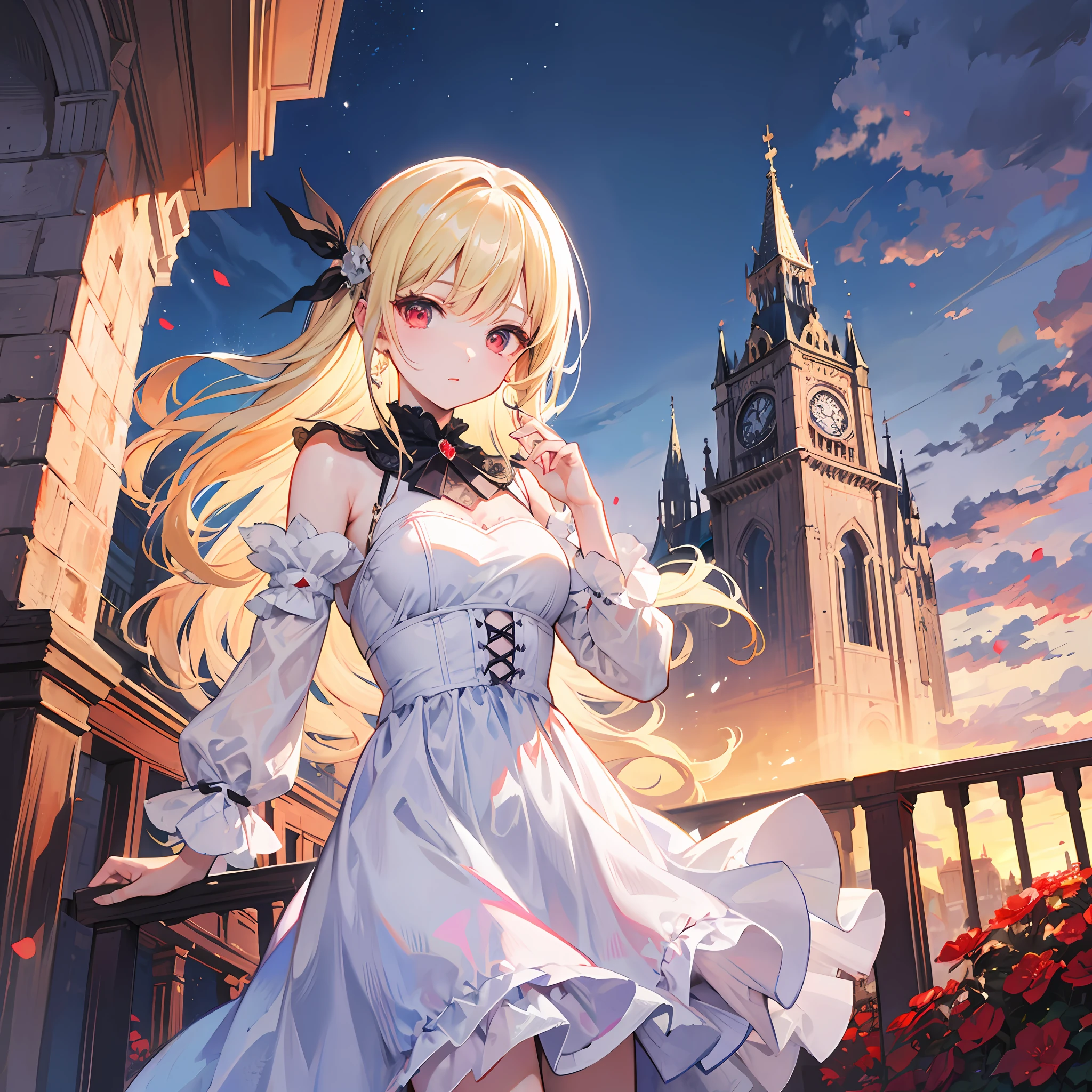 One blonde girl、red-eyed、White dress、Western castle in the background