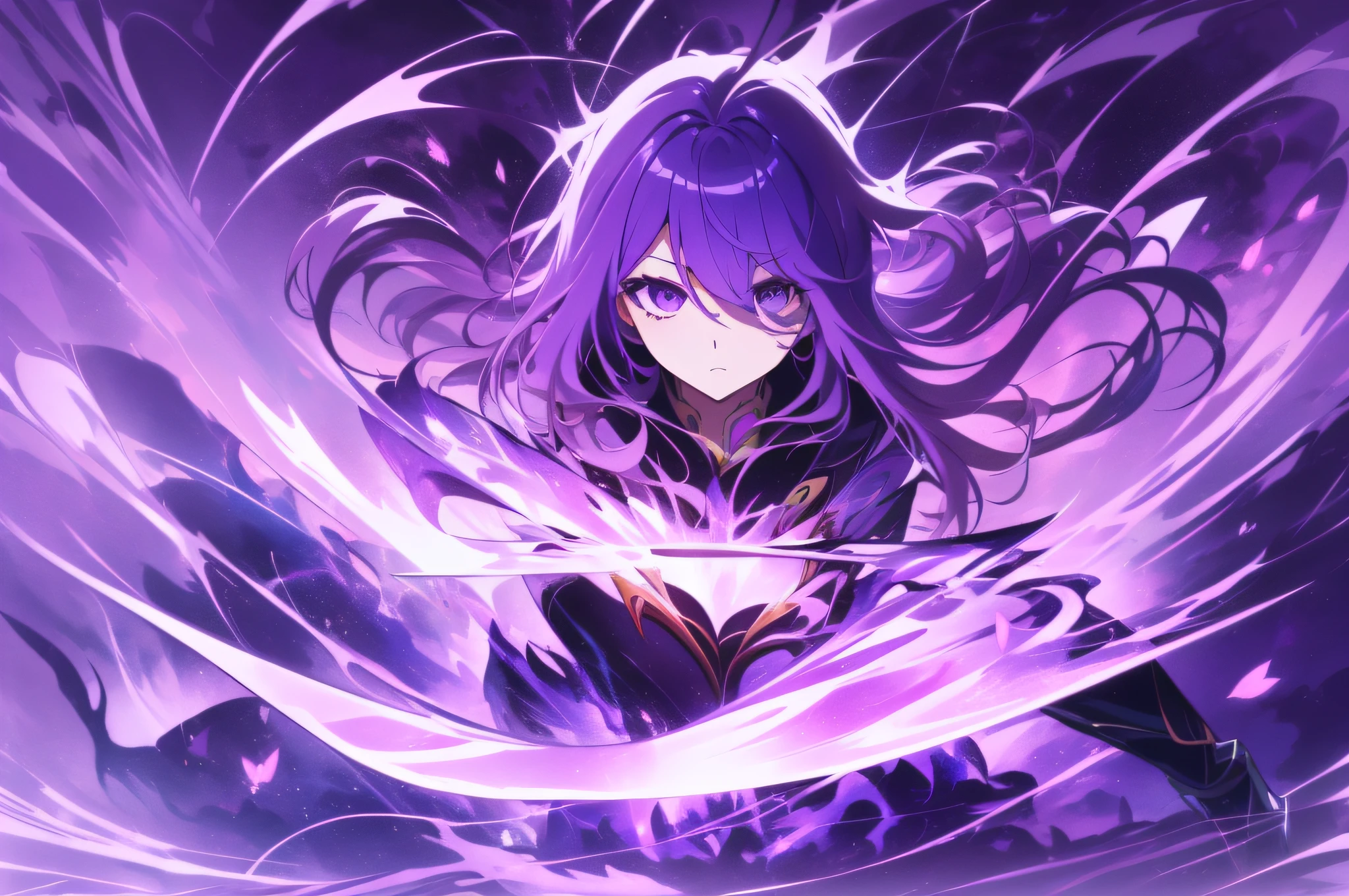 Dynamic scene, anime girl with purple hair and purple background before katana, 4k anime wallpaper, full body, 1girl, (face, open eyes: 1.5), magic, fantasy, purple theme, (thunder: 1.3), thunderbolt, gravel, sword qi, purple background