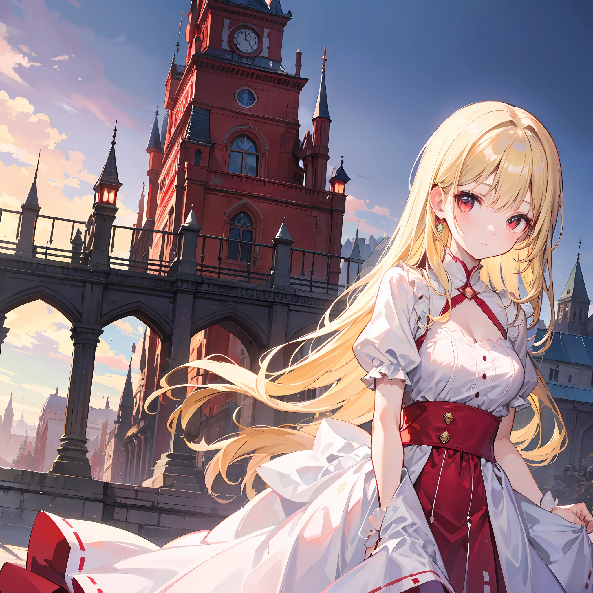 One blonde girl、red-eyed、White dress、Western castle in the background