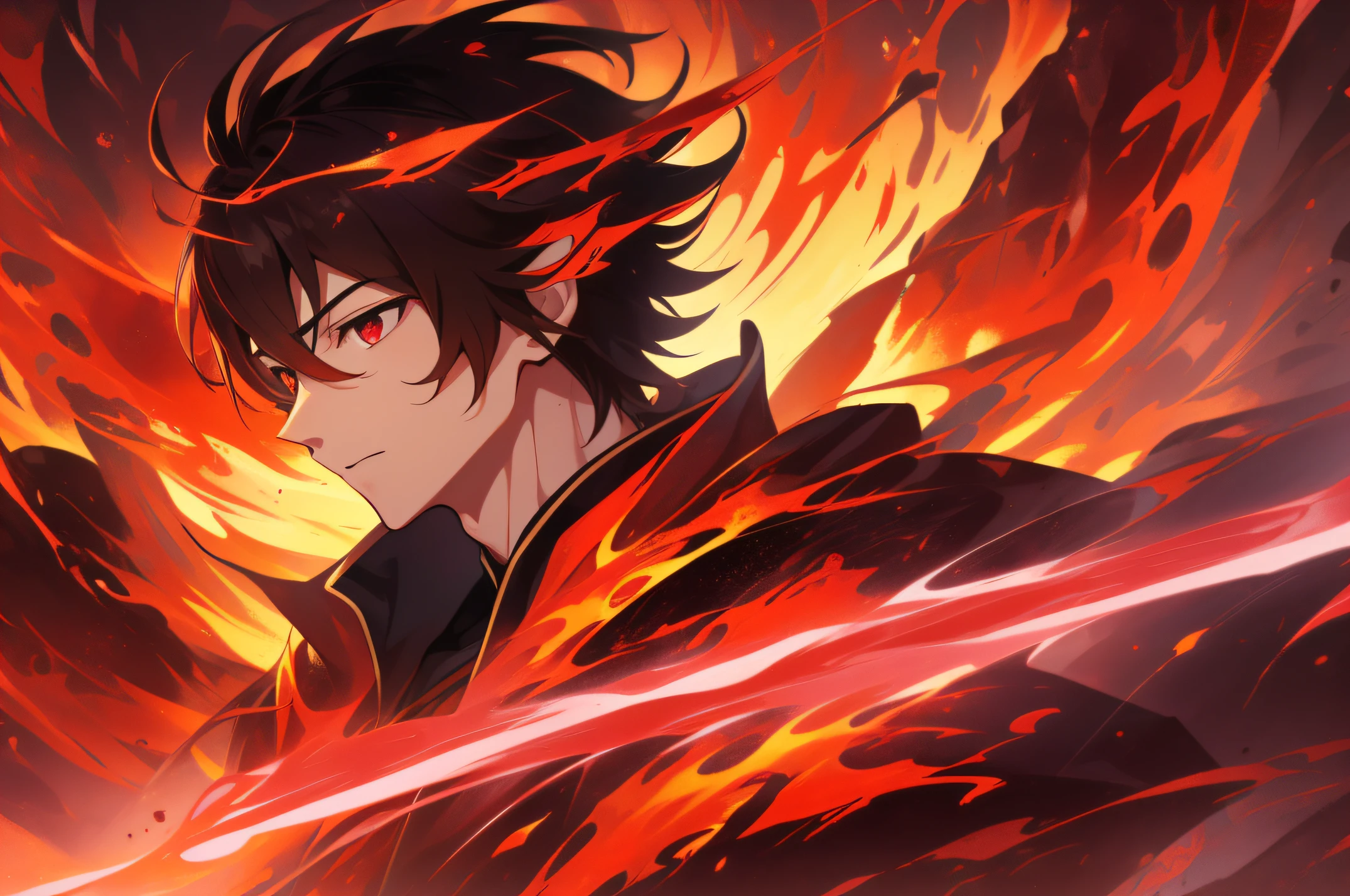 Dynamic scene, 1boy, male, young warrior, (face, open eyes: 1.5), elegant and gorgeous robes, magic, fantasy, red theme, (magma: 1.3), lava, volcano, gravel, 4k anime wallpaper