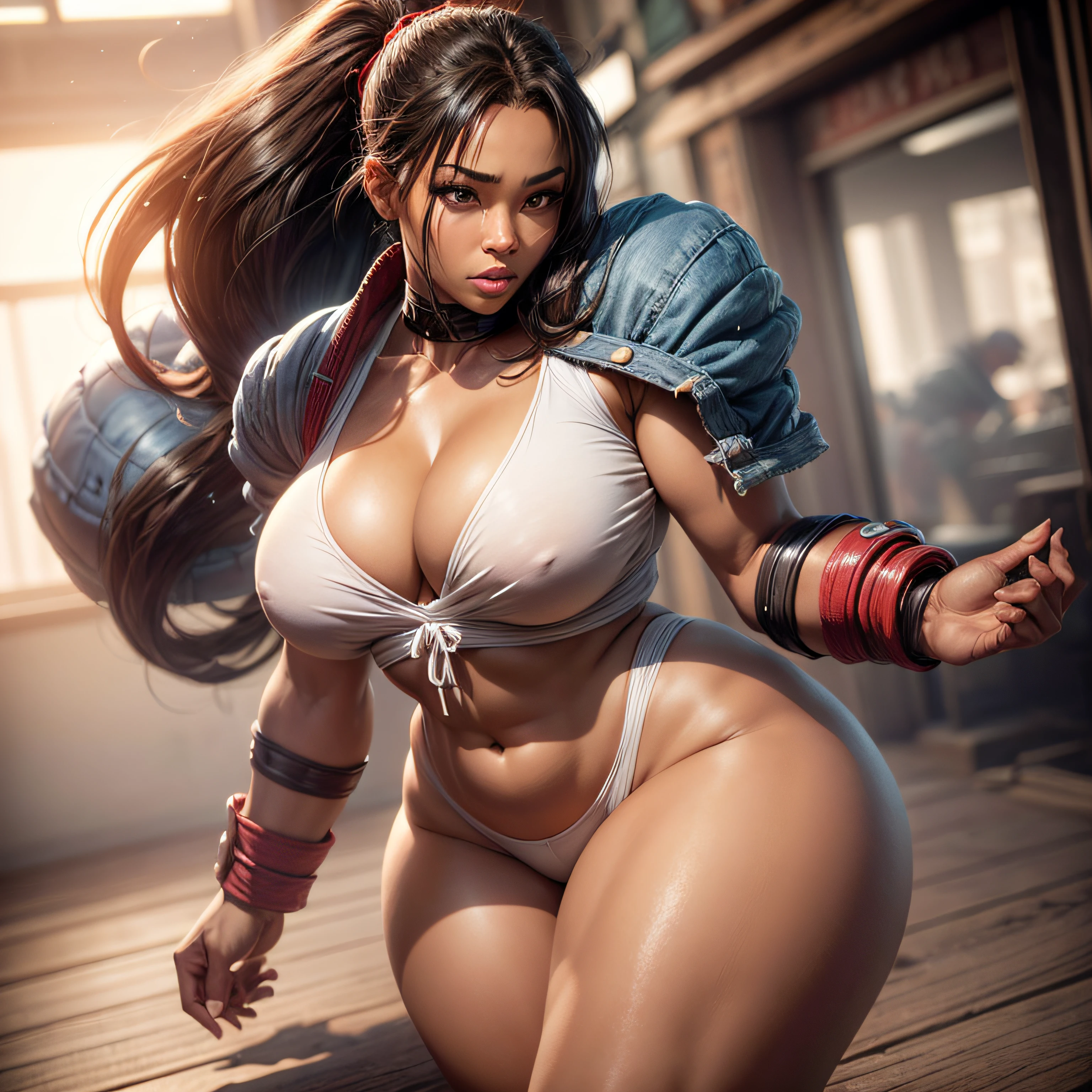 A black American woman with fabulous curves, with naturally formed and secure breasts, for a more voluptuous and attractive bust, thick thighs, effecting a shouryuken of ryu from street fighter 2, 3d render in 8k, best quality, masterpiece, nikon, realistic light and shadows, 8k, ray tracing, NVIDIA, unreal engine 5