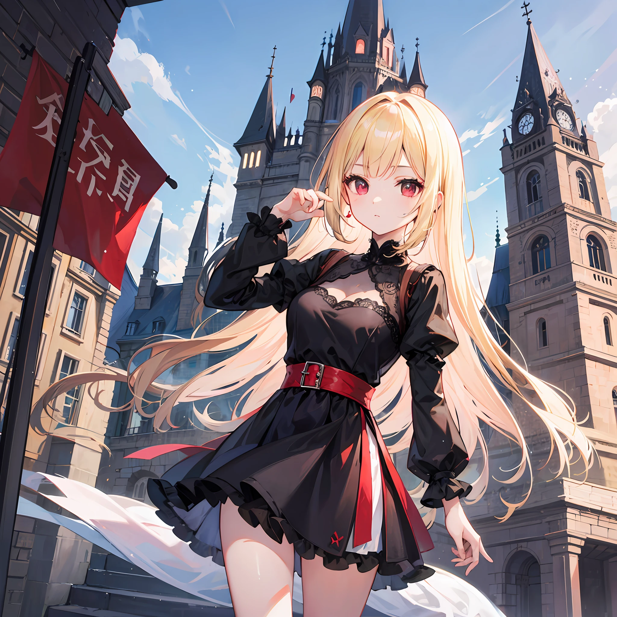 One blonde girl、red-eyed、Black dress、Western castle in the background
