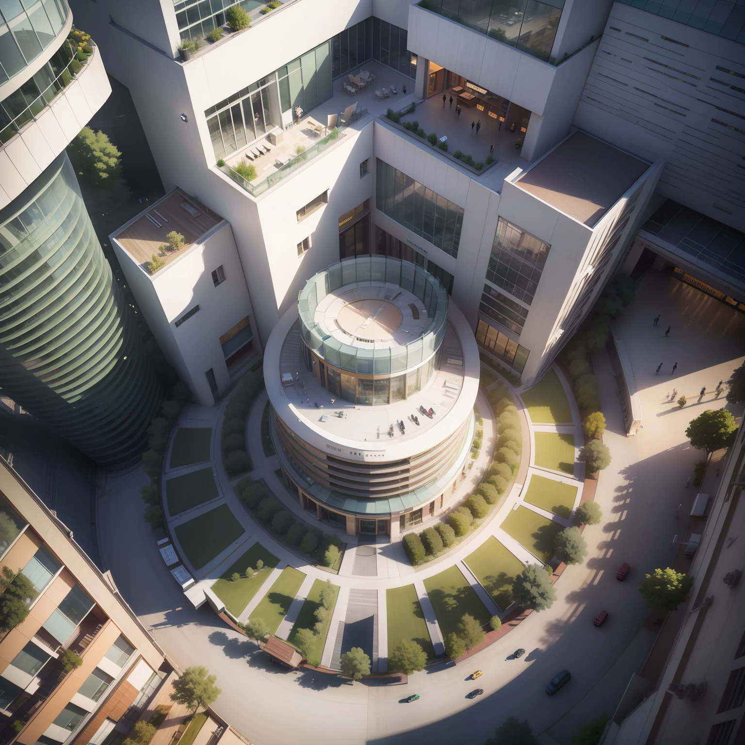 There is a shopping mall building, Top view angle, Top view, Large area of glass,  1-3 floors, Large area of windows, Luxury headquarters rendering, Artistic rendering, exterior shot, architectural rendering, high resolutions, Corona rendering, Realistic architectural rendering