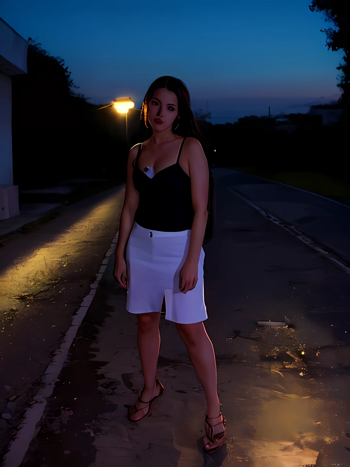 there is a woman standing on a sidewalk at night, estilo anime, Mulher de 30 anos de Cuba, Parece anime, Latim, nigth, tiro de corpo inteiro!!, mid 2 0's female, Garota bonita, in night, (38 anos)